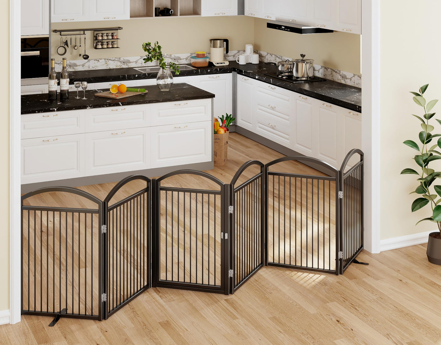 THKKY Folding No-Assembly Freestanding Dog Gate with Door,32" Heights Foldable Pet Fence,144" Extra Wide Accordion Puppy Folding Playpen for Doorways,House,Stairs (6 Panels,Black)