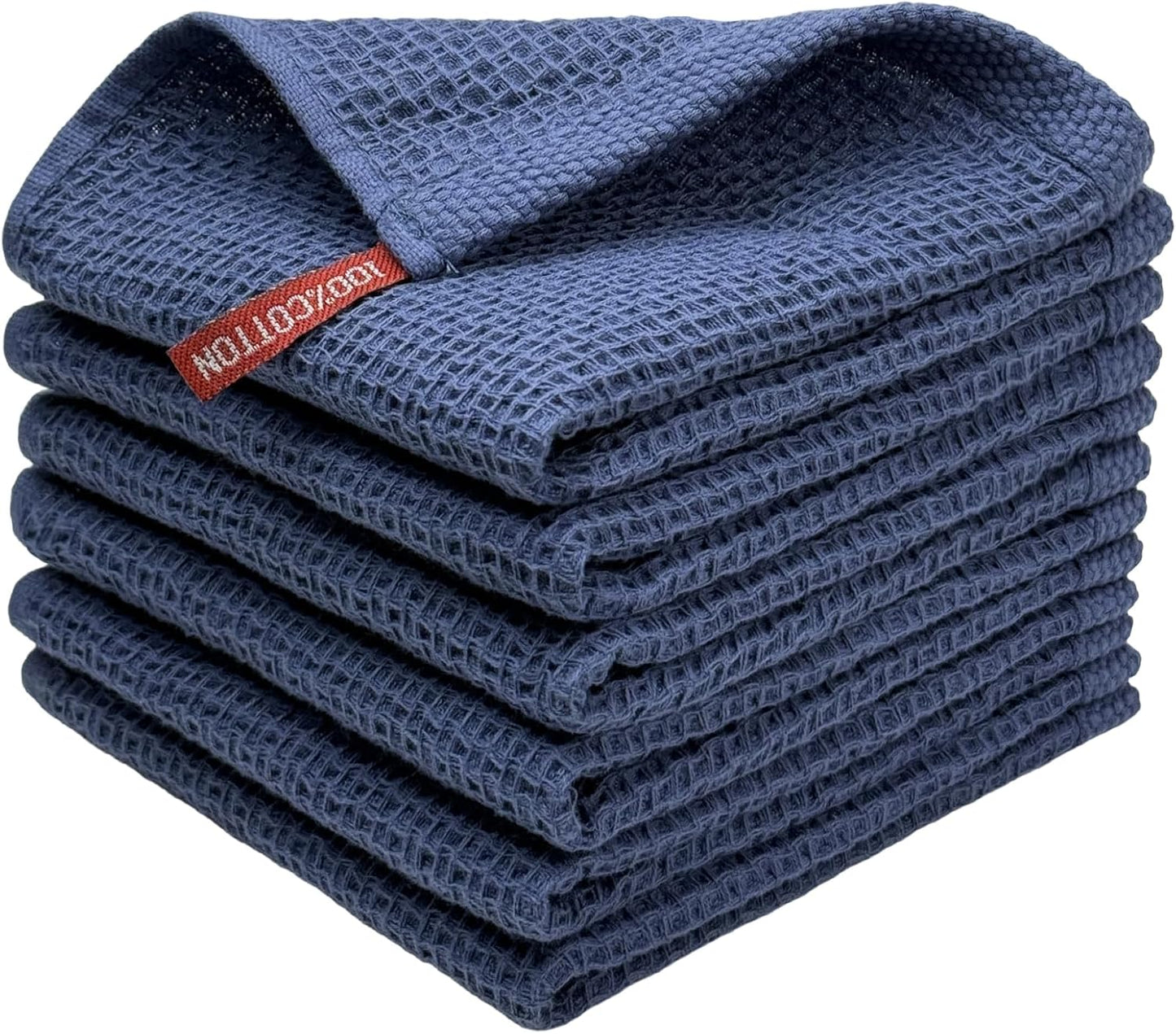 Skiennix 100% Cotton Waffle Weave Kitchen Towels - Ultra Soft & Absorbent Dish Cloths | 6 Pack, Dark Blue, 12x12 Inches
