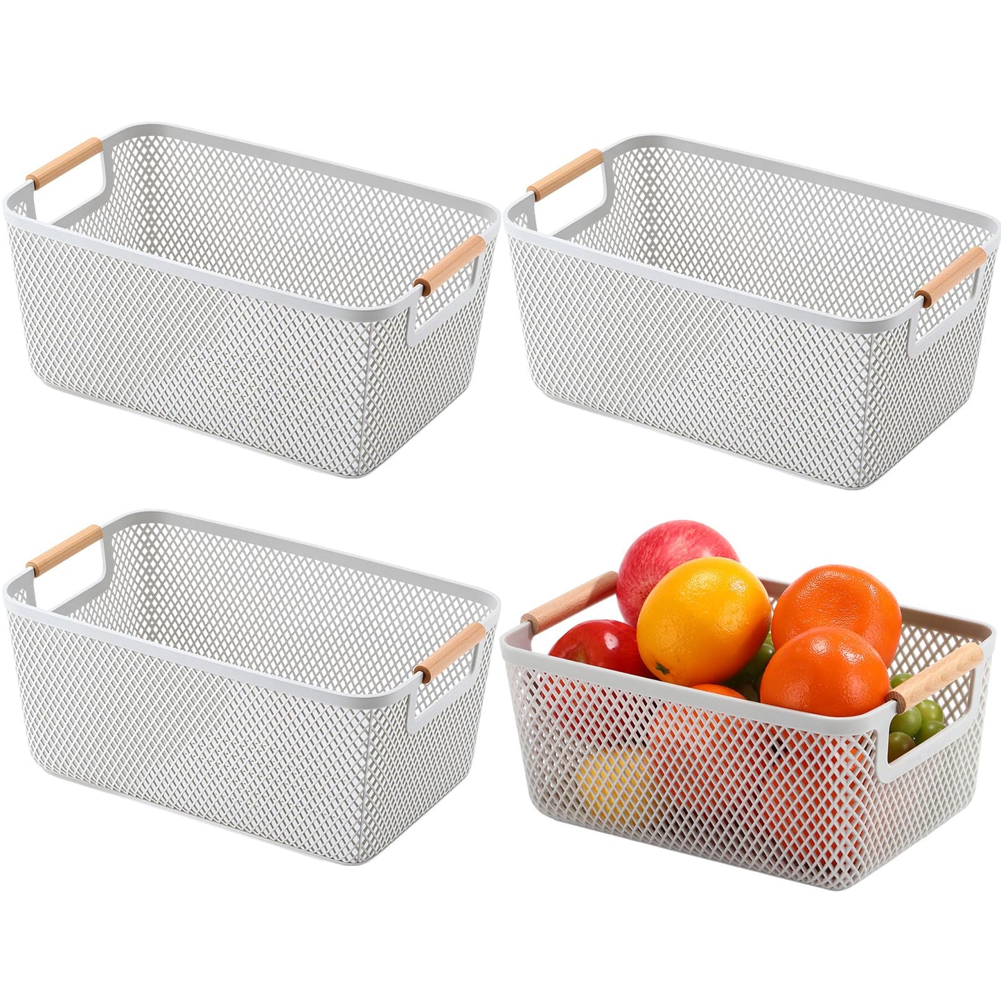 Ziliny 4 Pcs Plastic Mesh Baskets with Handles - Mesh Storage Hanging Organizer Bin Container Baskets for Home Organizing Pantry Closet Cabinet Kitchen Fridge Fruit Snacks Gifts, Grey(Large)