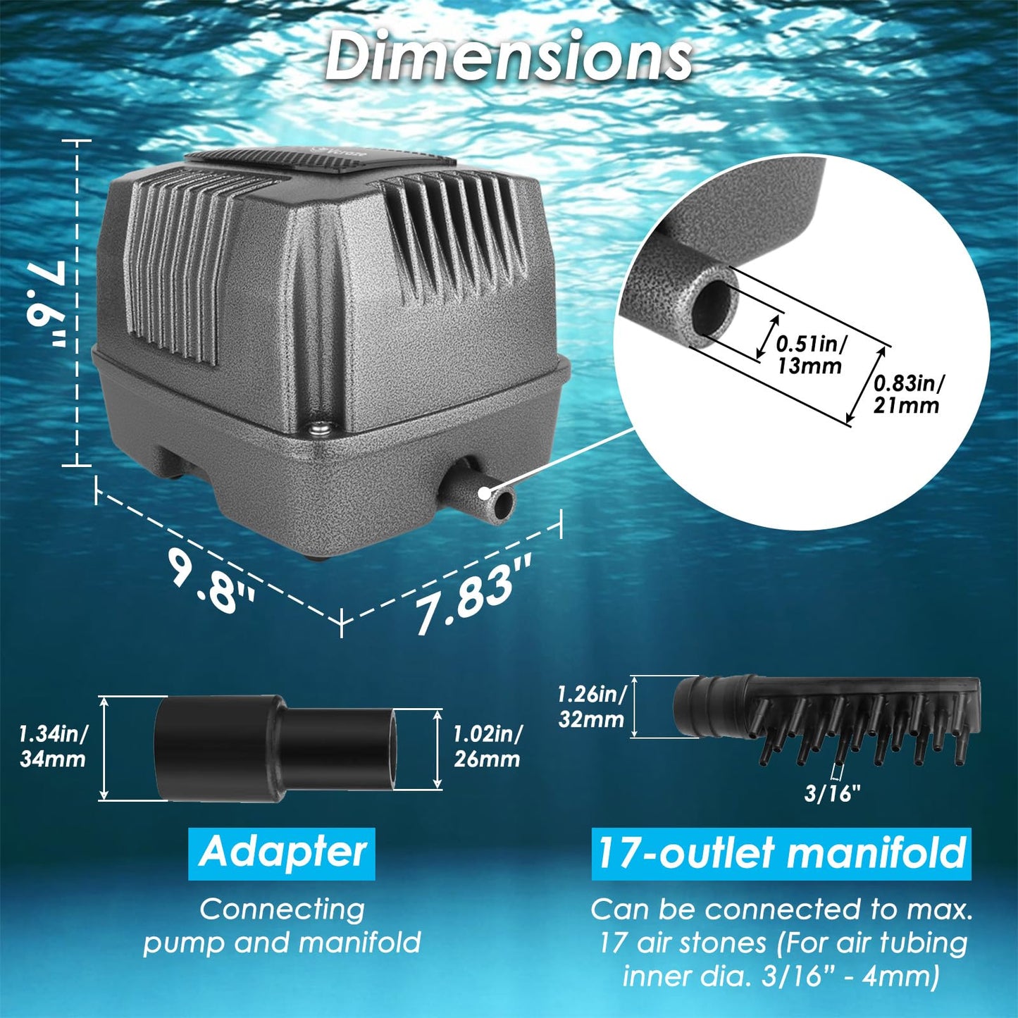 VCRAZE Powerful Linear Air Pump, KP-80 Pond Air Pump Pond Aerator, 1350GPH Aeration System for Koi Pond Aeration, Aquarium, Waste Treatment, Fish Farm, Seafood Restaurant