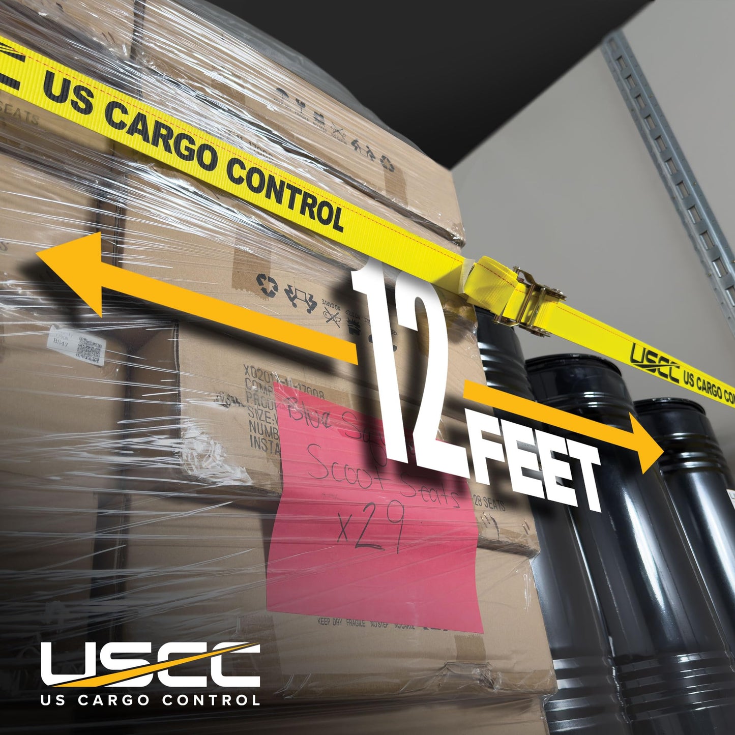 US Cargo Control E Track Straps 2" x 12' (8-Pack), 4,400 LBS Break Strength, Yellow Heavy Duty E Track Ratchet Straps with 4' Fixed End and Spring E-Fittings, Logistic Tiedowns for Box Trucks, Vans