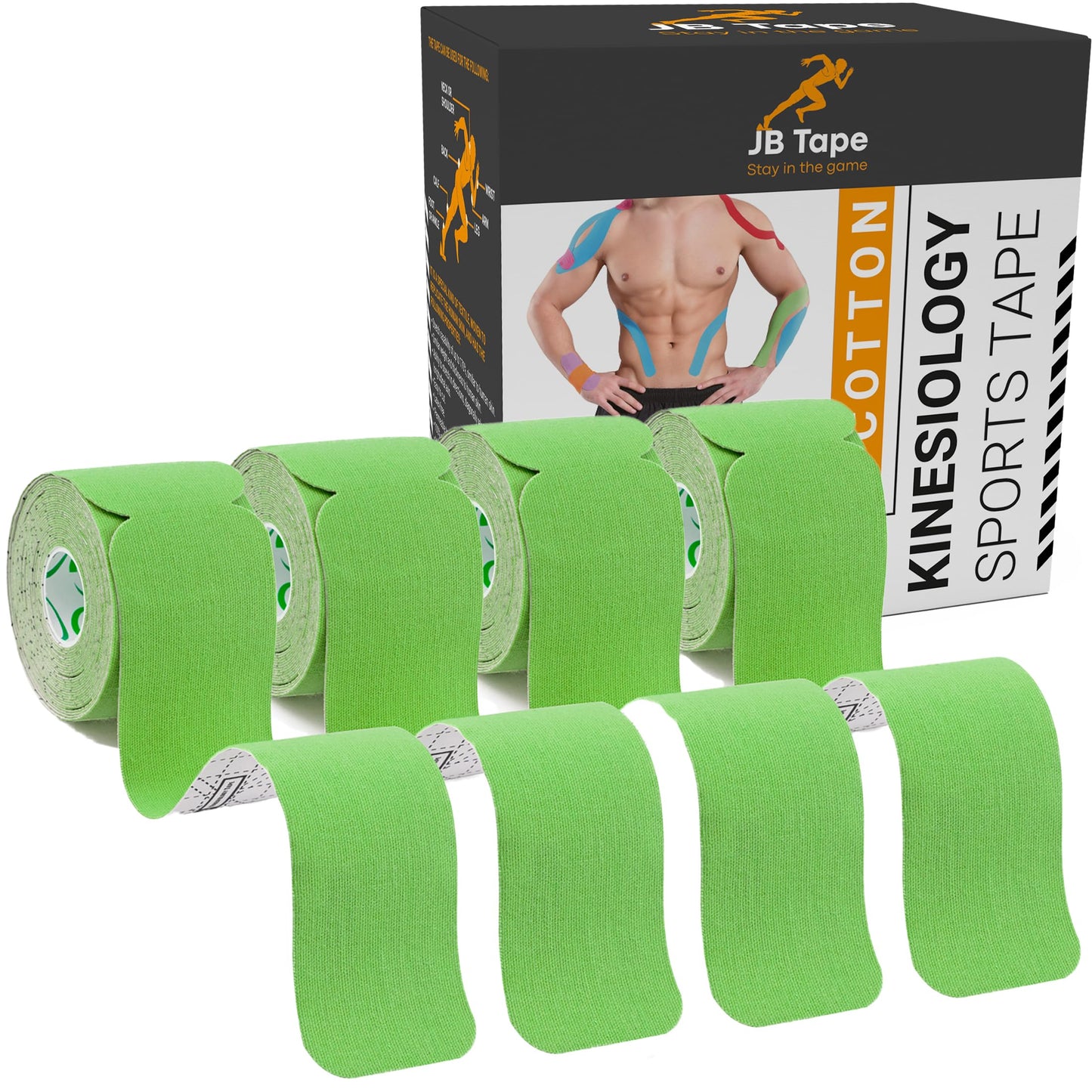 June Bugz Enterprises JB Tape Kinesiology Tape – 80 Precut 10-Inch Strips – Green – Elastic, Latex-Free, Water Resistant – Athletic Muscle & Joint Support – 4 Rolls