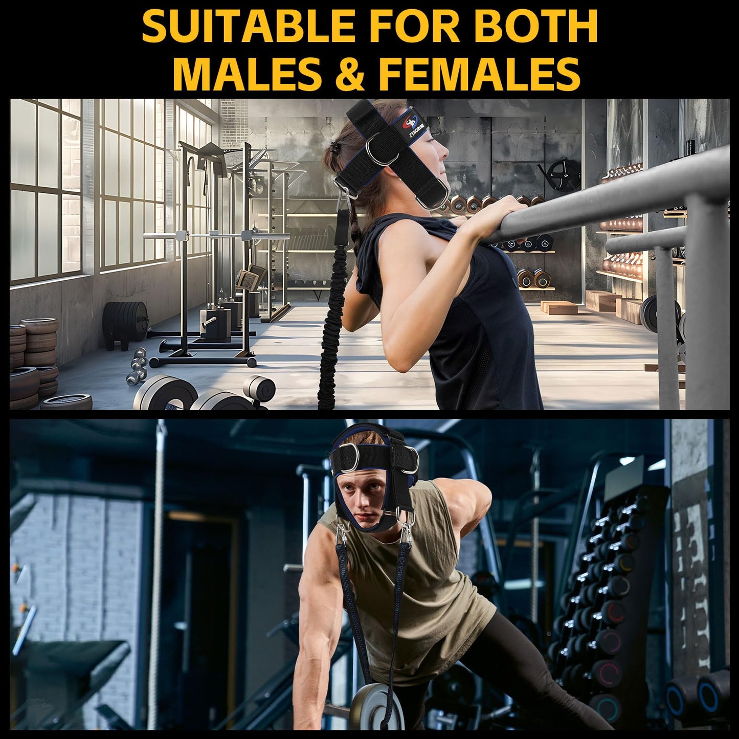 Fitness Neck Head Harness Trainer, Adjustable Chin Strap and Head Harness Strength with Nylon Tether, Neoprene Neck Exerciser for Weight Lifting, Home and Gym Use, Black