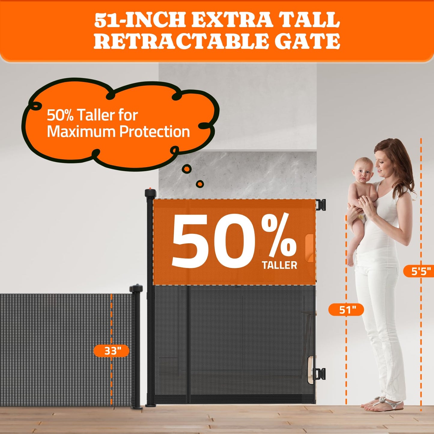 Extra Tall Retractable Baby Gates: 51" Tall Pet Gate, Extend up to 120" Wide, Mesh Baby Gate with Support Rods Jump-Proof Design for Cats & Large Dogs High Dog Indoor Outdoor, Black