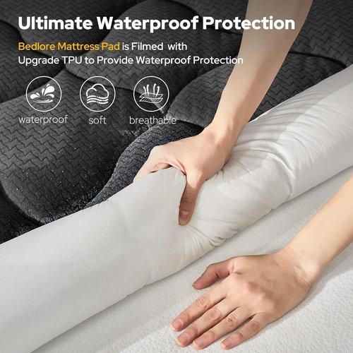 BEDLORE Waterproof Queen Mattress Pad - Quilted Fitted Topper with Deep Pocket 6"-18" | Breathable & Noiseless Protector