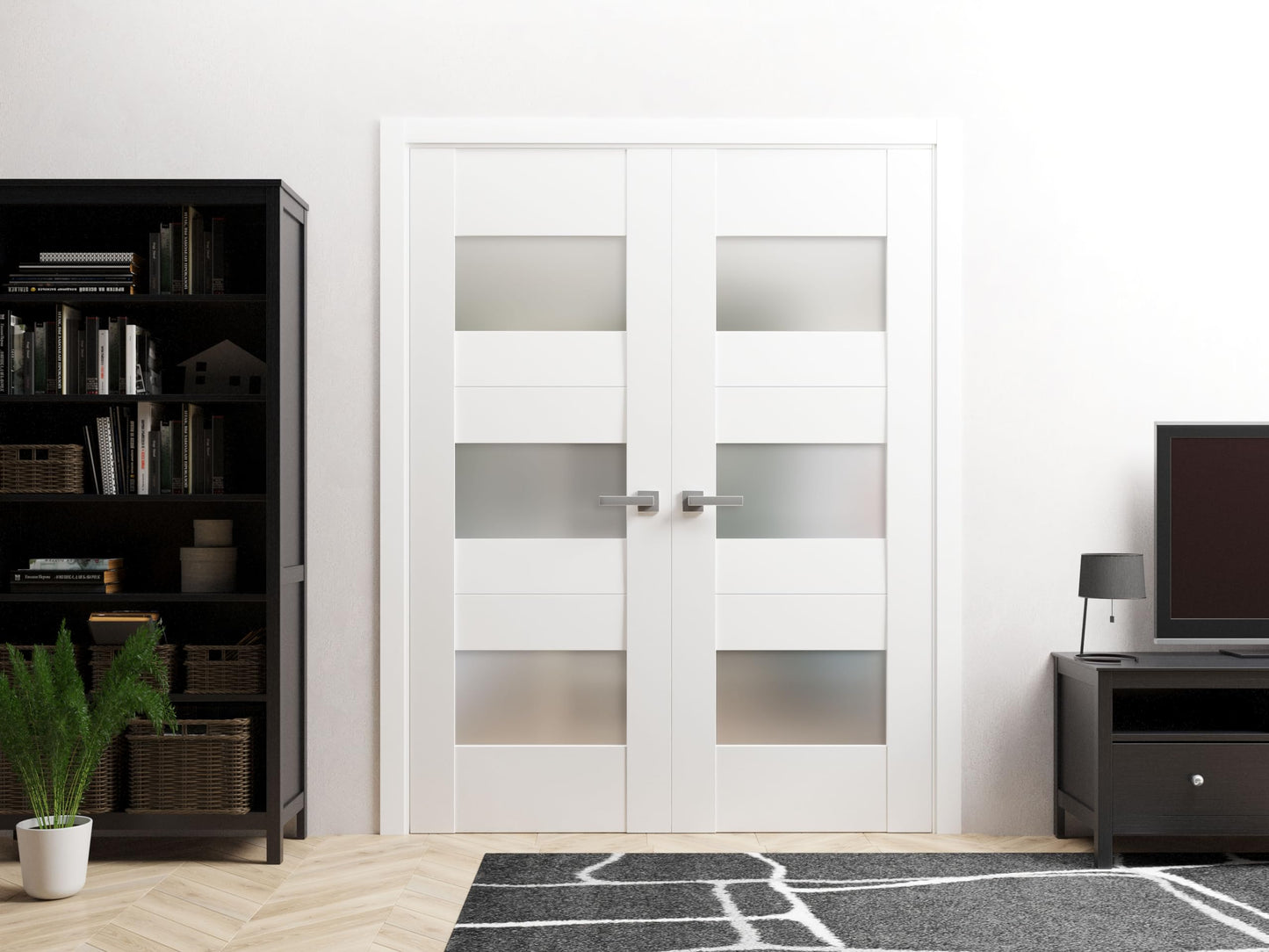 VDOMDOORS Sete 6003 | Double Swing Interior French Doors with Glass with Frosted Glass, MDF, Hardware Included, 56x96, White, Modern