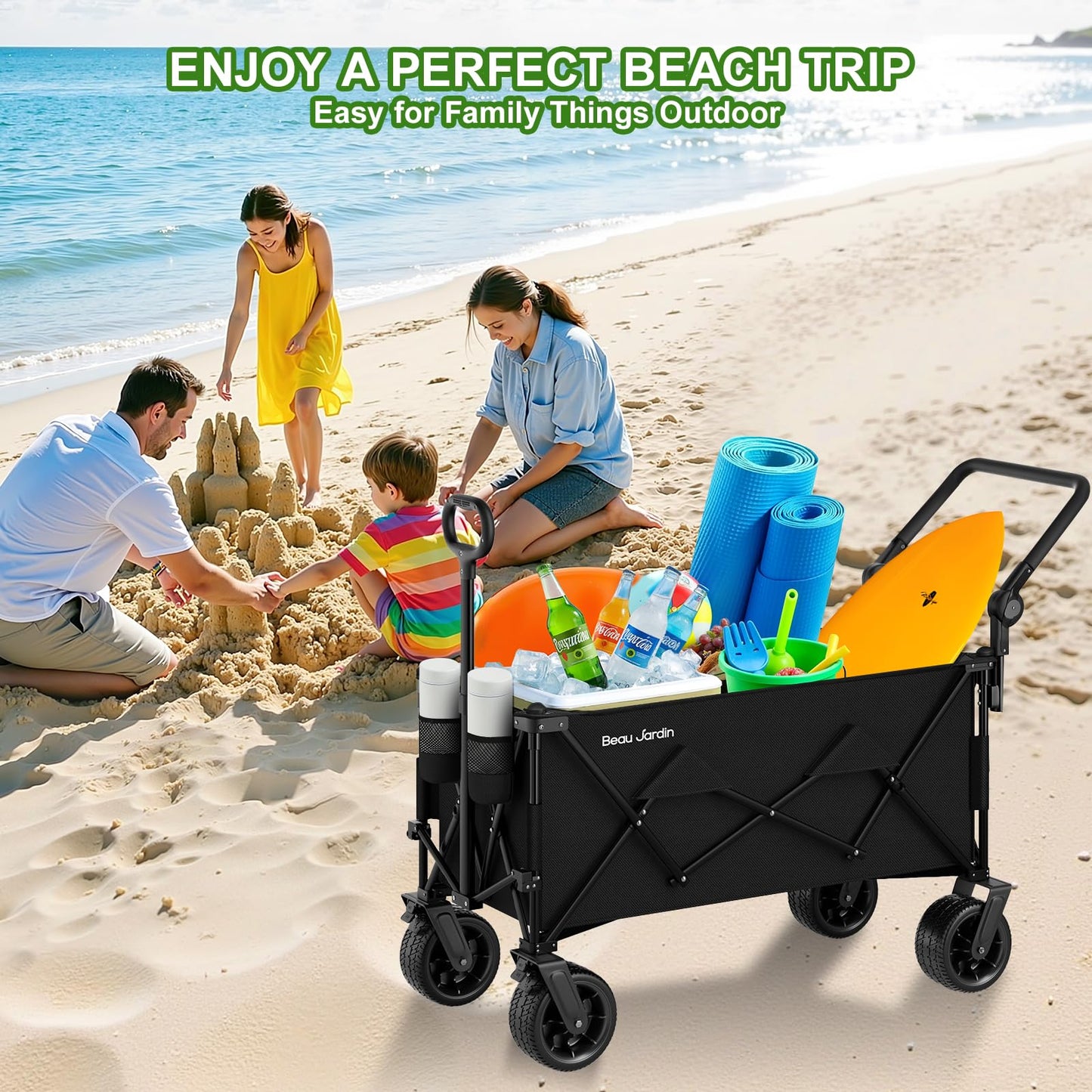 BEAU JARDIN Folding Push & Pull Beach Wagon 500 lbs Collapsible Foldable Wagons with Push Handle All Terrain Wheels Grocery Utility Camping Skiing Ice Fishing Sports Garden Wagon Cart Black