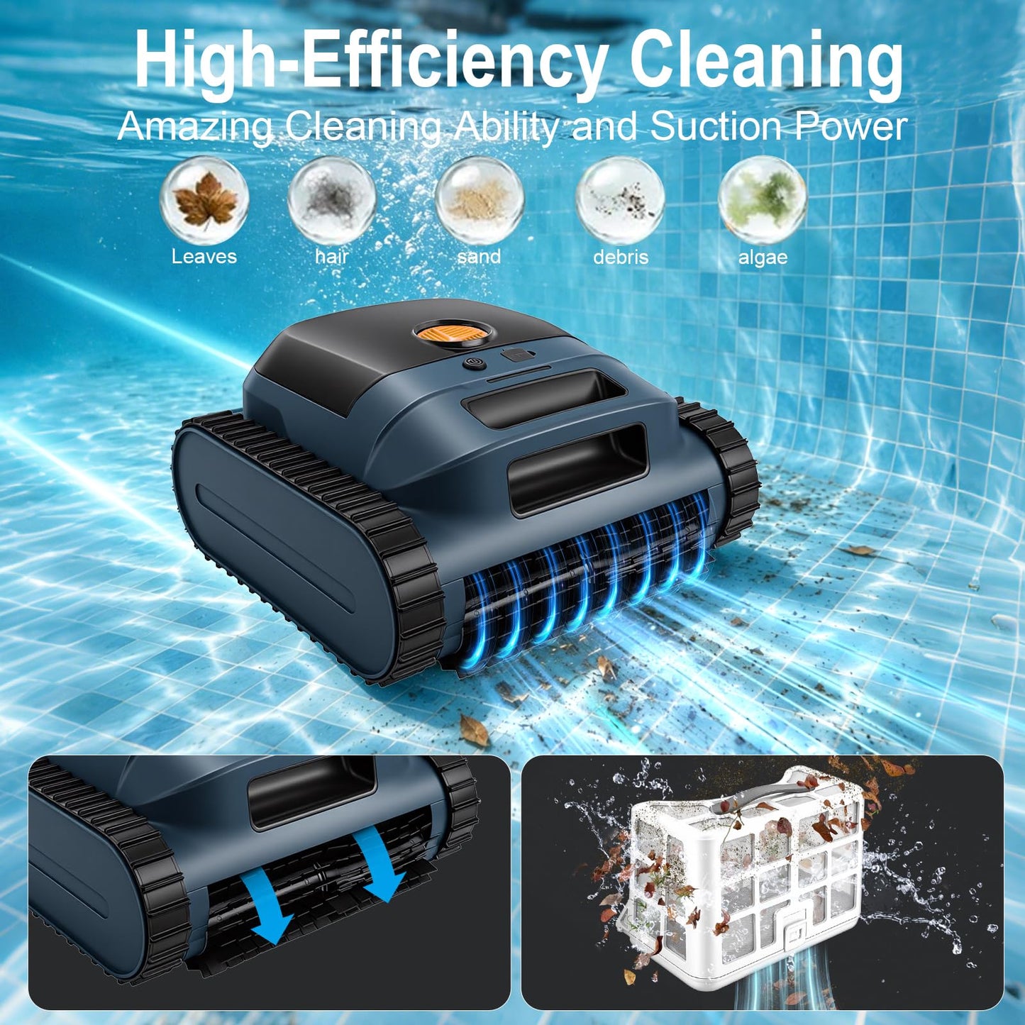 CZYBYTE Cordless Robotic Pool Vacuum Cleaner, Intelligent Route Planning, Wall & Waterline Climbing, 120-Min Runtime, for Above Ground/Inground Pools up to 2000 sq. ft, APP Support,Orange