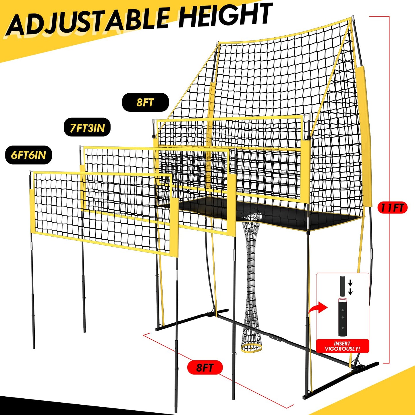Volleyball Training Net, Portable Adjustable Trainer for Serving Spiking & Setting – 3-in-1 Height Settings for Kids Teens & Adults, Sturdy Steel Frame for Backyard Beach Gym Indoor/Outdoor Practice