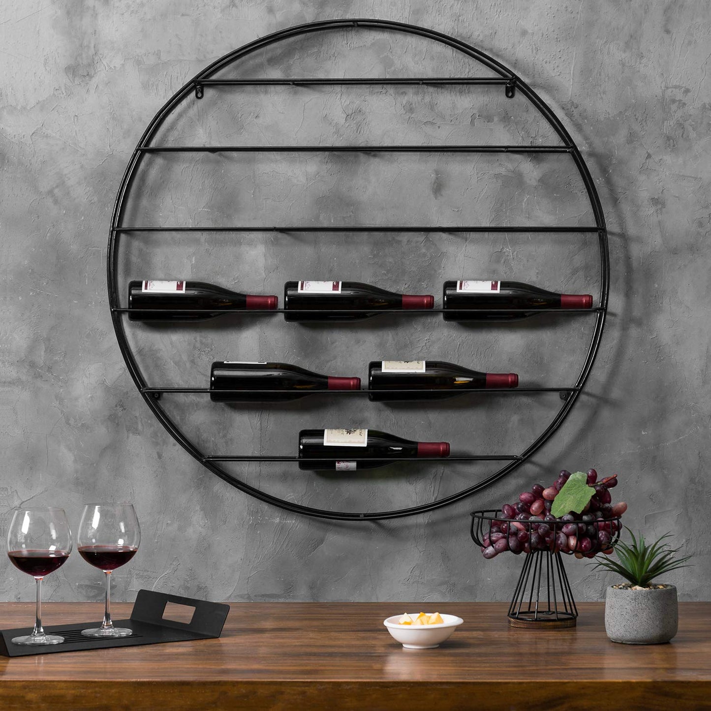MyGift 12-Bottle Modern Black Metal Round Wall Mounted Wine Rack – 6-Tier Horizontal Storage Shelf for Kitchen, Living Room & Wine Cellar – Space-Saving Wall Decor & Cork Preservation