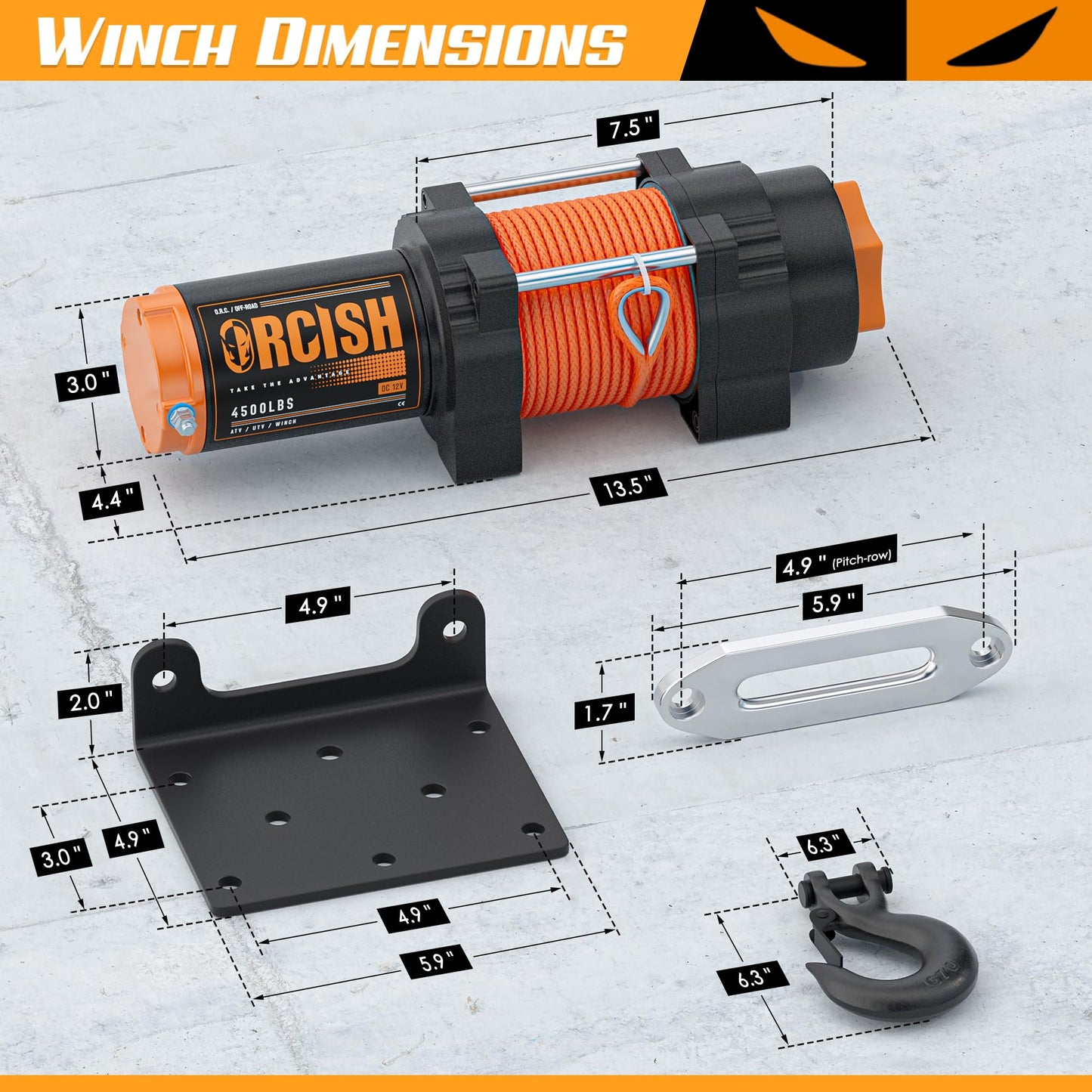 ORCISH 4500 lb 12V DC Waterproof Electric Winch, ATV/UTV Winch Kit for Towing, 1/4"×50' Synthetic Rope with Both Wireless Handheld Remote and Corded Control Recovery, Easy Assembly Winches