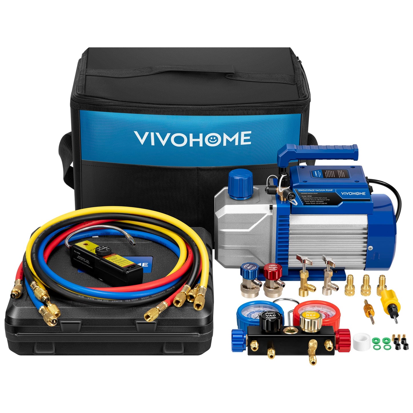 VIVOHOME 110V 1/3 HP 5CFM Single Stage A/C Vacuum Pump and 4 Way AC Manifold Gauge Set Kit with Leak Detector 5ft Hoses for R134a R12 R22 R502 R410a HVAC Air Conditioning Refrigeration Recharging