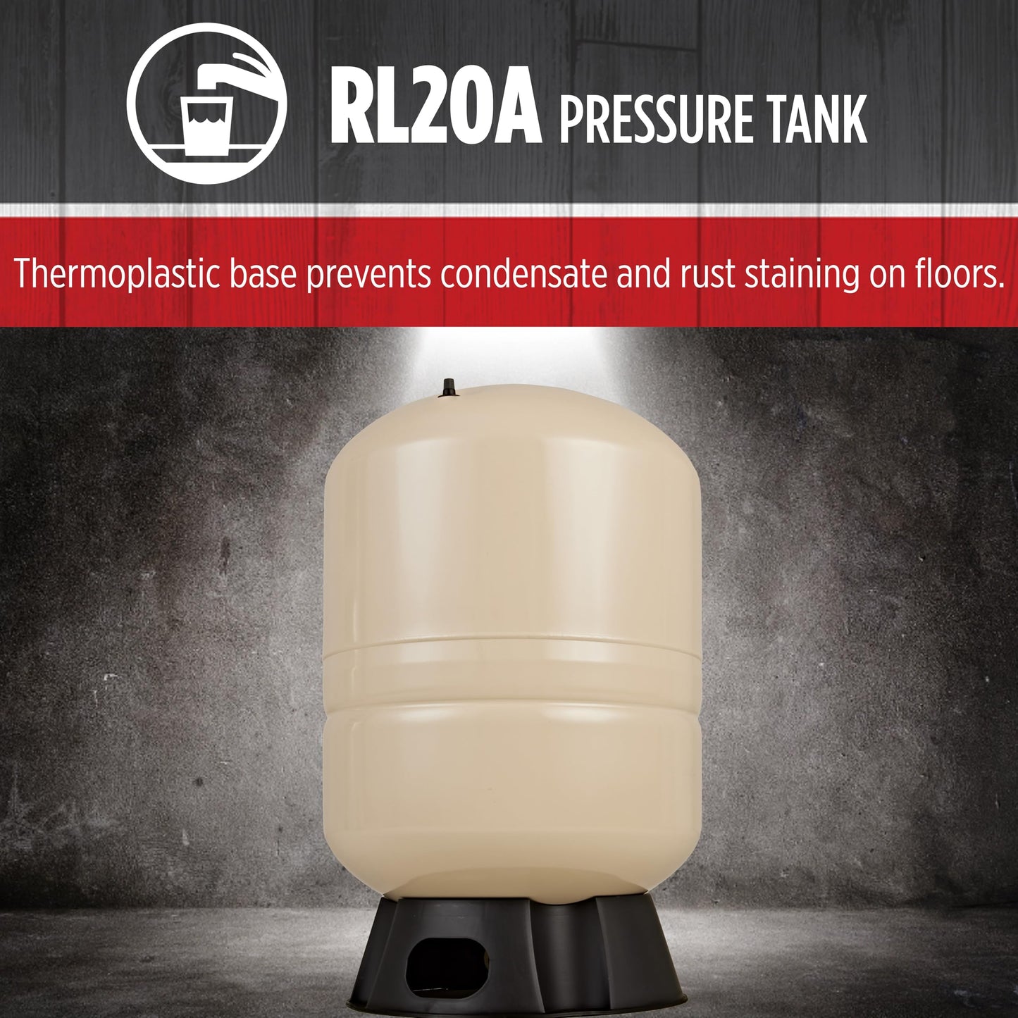 Red Lion RL20A - 20-Gallon Vertical Pre-Charged Pressure Tank with Thermoplastic Base for Well Pumps, 1-Inch FNPT Elbow System Connection, Almond, 604682