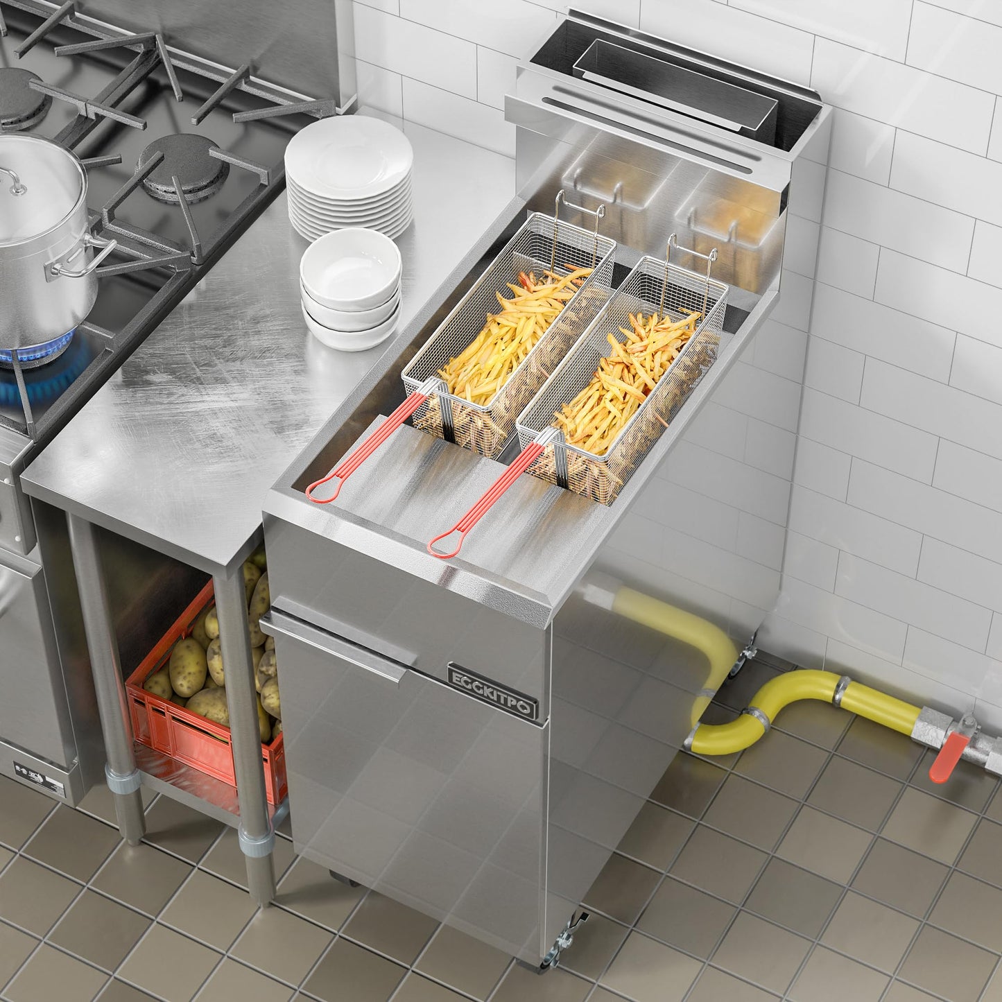 EGGKITPO (ECF4-NG) 50LB 120,000 BTU Natural Gas Fryer and 12L × 2 Commercial Fryer with Timer and Oil Drain Electric Deep Fryer(120v 3500w)