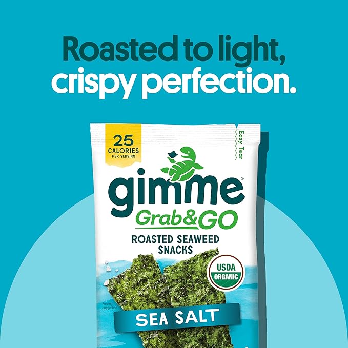 Gimme Seaweed Grab & Go Organic Premium Roasted Seaweed Snacks, Sea Salt, 5 Count Trayless, Keto, Vegan, Gluten-Free, Great Source of Omega3s and Iodine, Healthy On-The-Go Snack for Kids and Adults