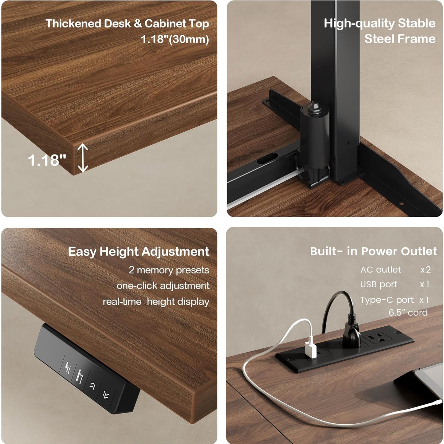 ModernMate 67" L Shaped Standing Desk, Electric Adjustable Height Executive Workstation for Home Office, File Cabinets, Built-in Outlets, Engineered Wood 1.18" Desktop, Alloy Steel Base, Black Walnut