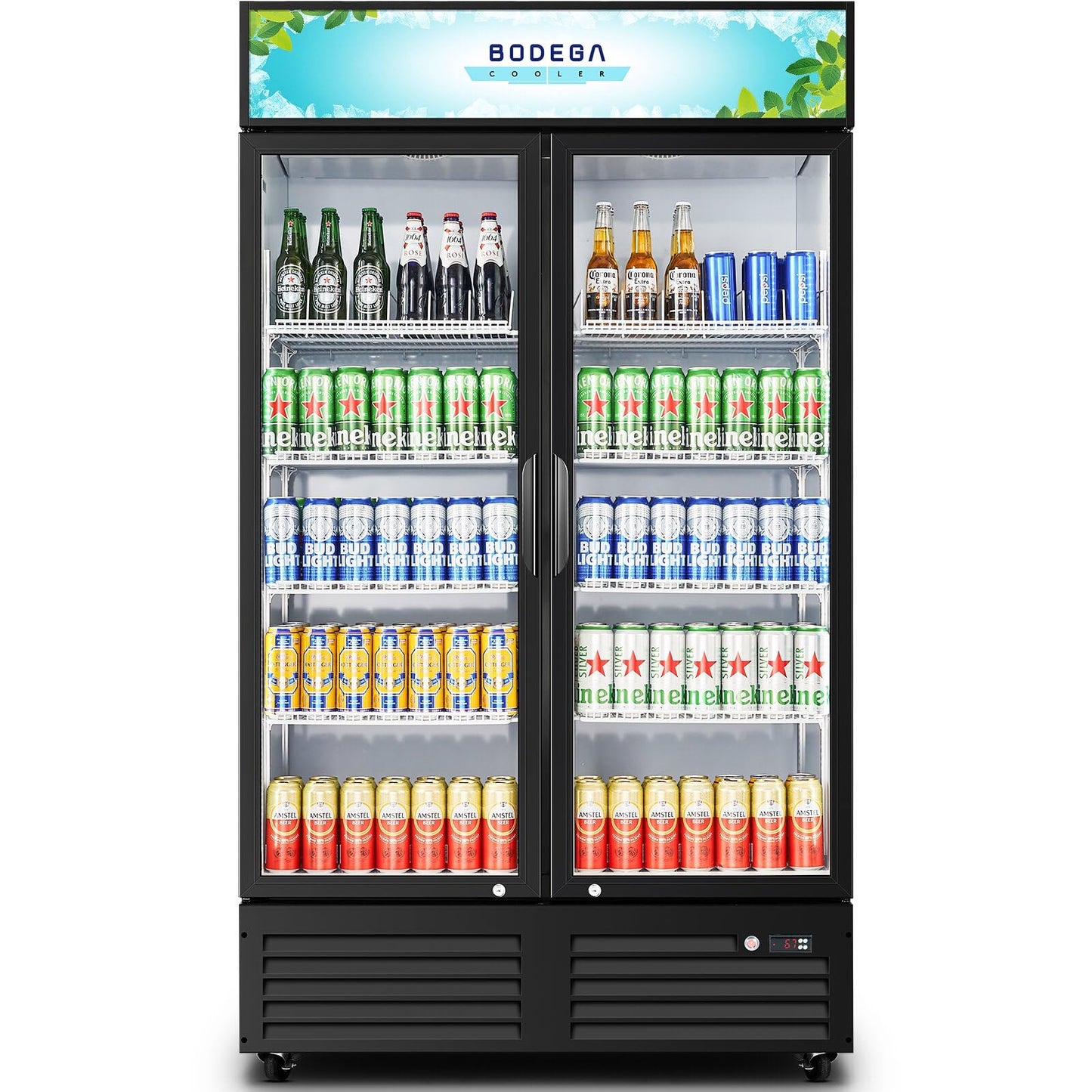 BODEGA BODEGACOOLER 35.4 Cu. Ft Commercial Beverage Refrigerator, 2 Glass Door Merchandiser Cooler Display Refrigerator with LED Lighting, Adjustable Shelves, Temperature Control and Casters, Black