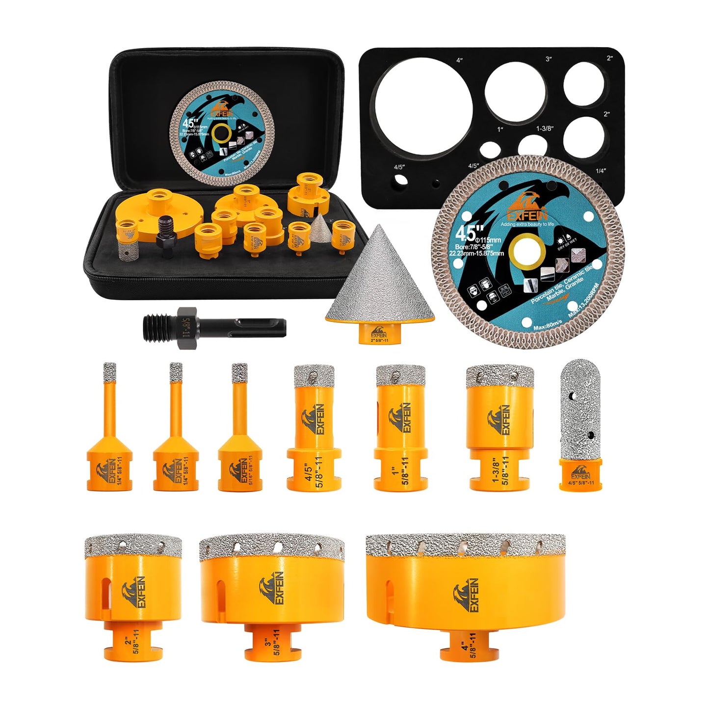 EXFEIN Diamond Core Drill Bits Set 13pcs - Diameter 1/4"(6mm) - 4"(102mm), 5/8-11" Thread Tile Hole Saw & Adapter & 4.5"(115mm) Diamond Blade for Porcelain Ceramic Marble Granite