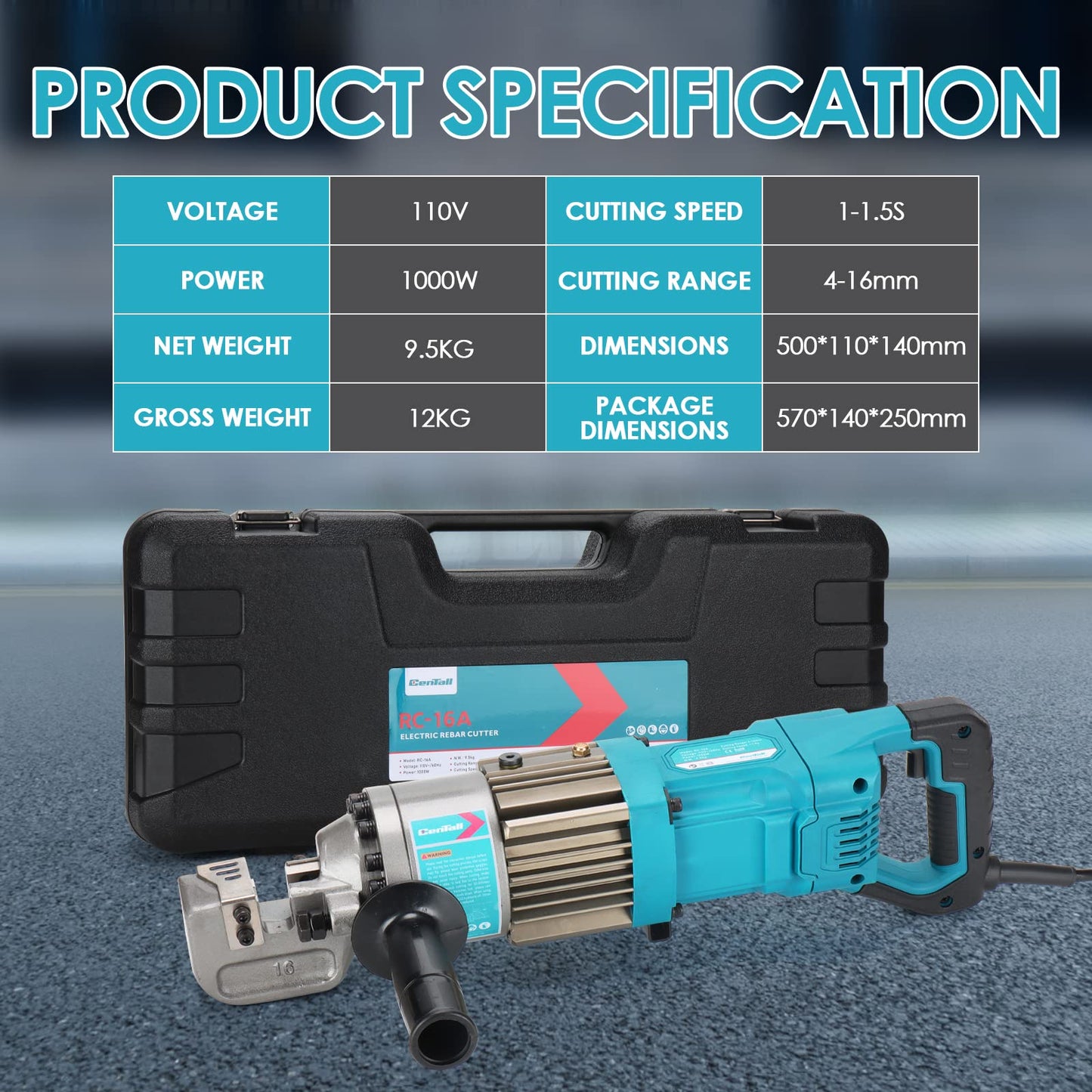 CENTALL 5/8" Electric Hydraulic Rebar Cutter 1-1.5s Cutting Speed Portable Rebar Cutter Cutting Rebar 4-16mm 1000w 120v/60hz RC16A (Blue)