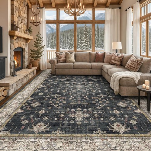 Boho Black Rug - Washable 10x14 Area Rug, Soft Low Pile Carpet for Living Room & Dining Room | Non-Slip, Stain Resistant