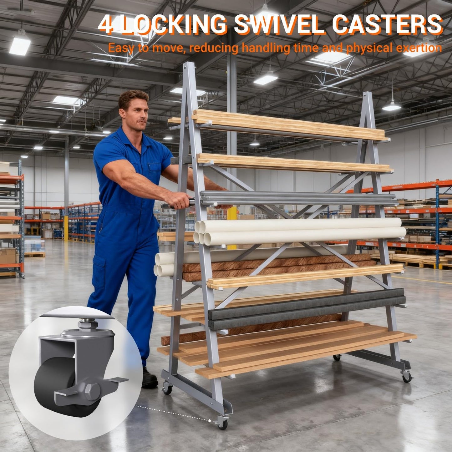 WUGEBA Floor Standing Lumber Horizontal Storage Rack-7 Tiers, Heavy-Duty Metal Adjustable Arms Pallet Racking, Up to 2500 Lbs, Free Standing Bar Storage Cantilever Rack for Basement