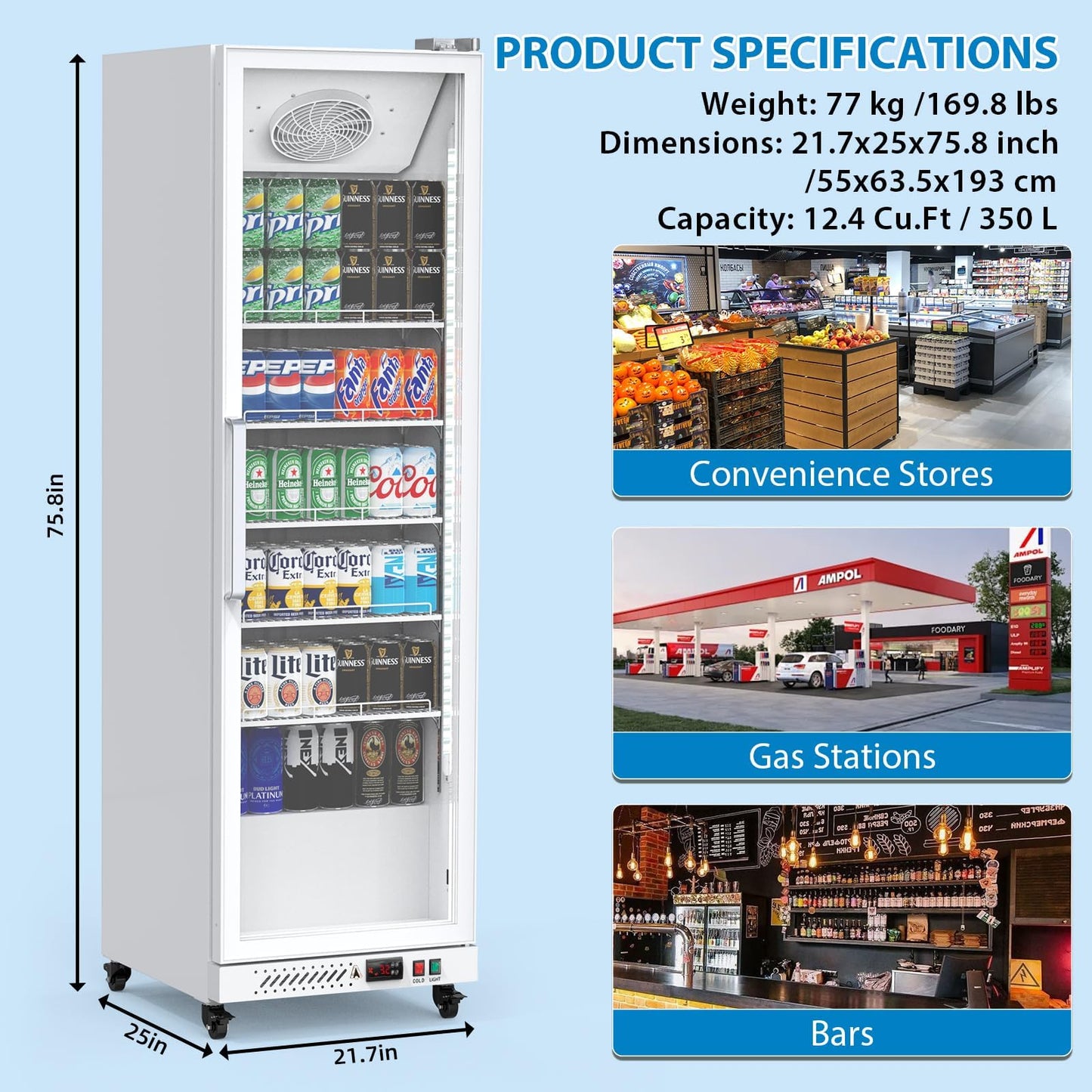 IDEALHOUSE Commercial Refrigerators, 12.4 Cu.Ft Beverage Cooler, Commercial Fridge with Glass Door Display, LED Light Adjustable Shelves Drink Cooler for Restaurant Grocery Store Home, White