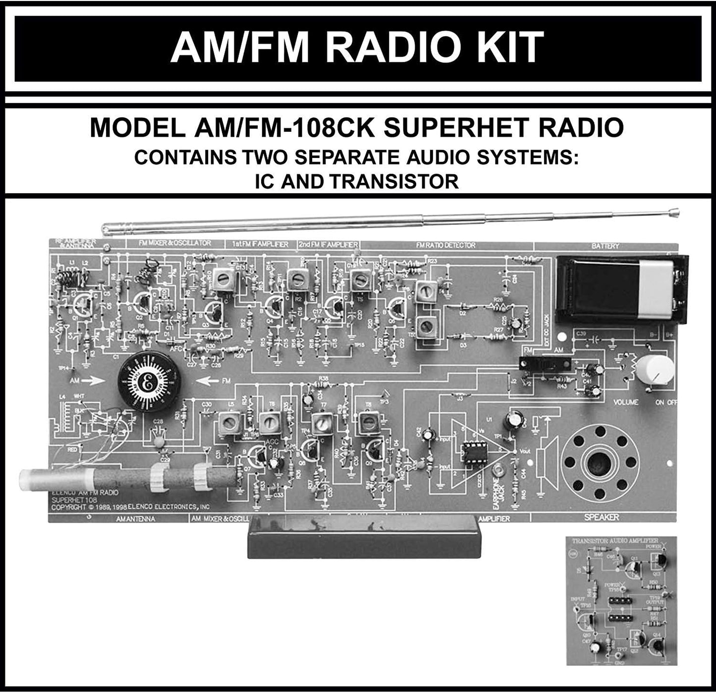 Elenco AM/FM Radio Kit |Switch Between ICs & Transistors | Solder | Great STEM Project | Superheterodyne Designed to AM