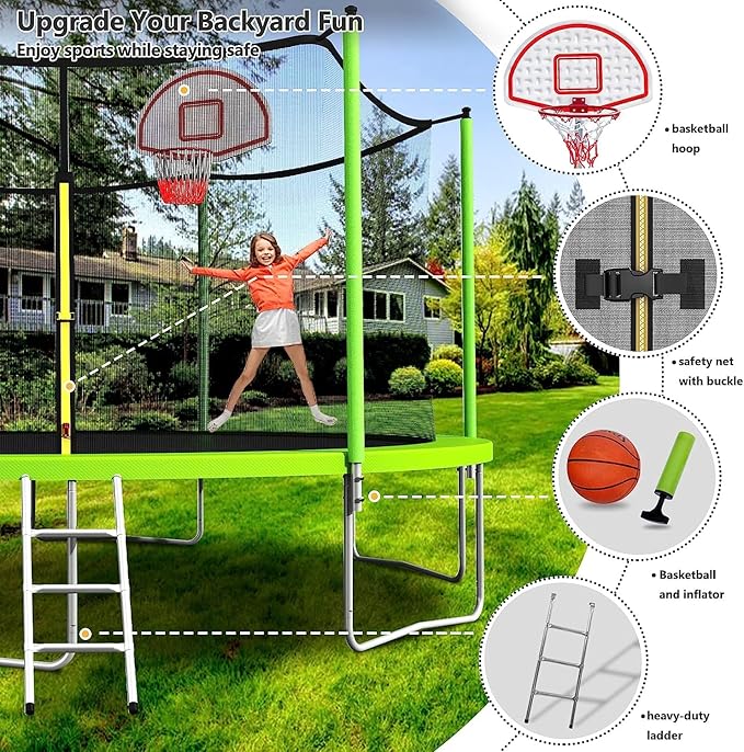 Upgraded 10/12/14/15/16FT Trampoline Outdoor, Large Kids Trampoline with Light, Stakes, Sprinkler, Backyard Trampoline with Basketball Hoop and Net, Capacity for 4-6 Kids and Adults