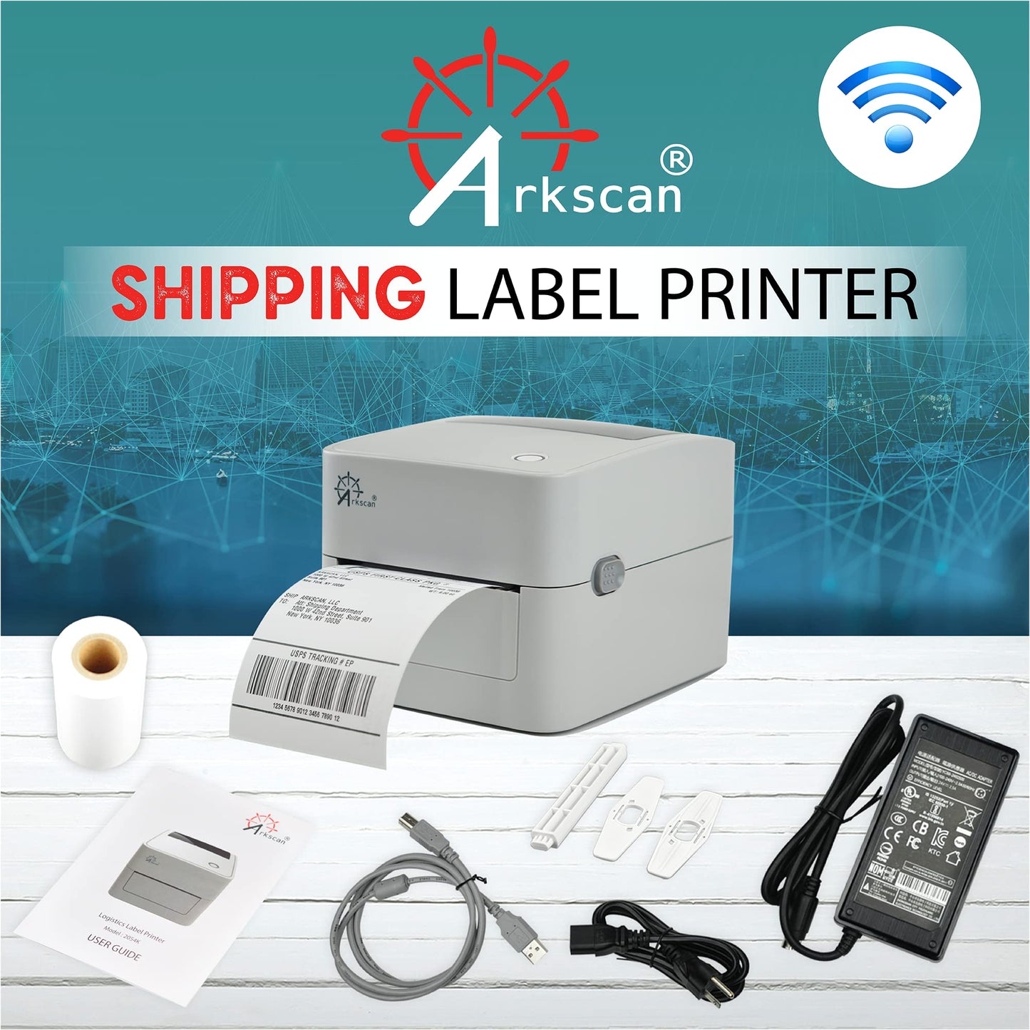 Arkscan 2054K-WF Shipping Label Printer Support USB & WiFi Connection, Work w/iPhone Windows Mac Chromebook Android Support Amazon Ebay Paypal Shopify Shipstation UPS USPS FedEx Direct Thermal Labels