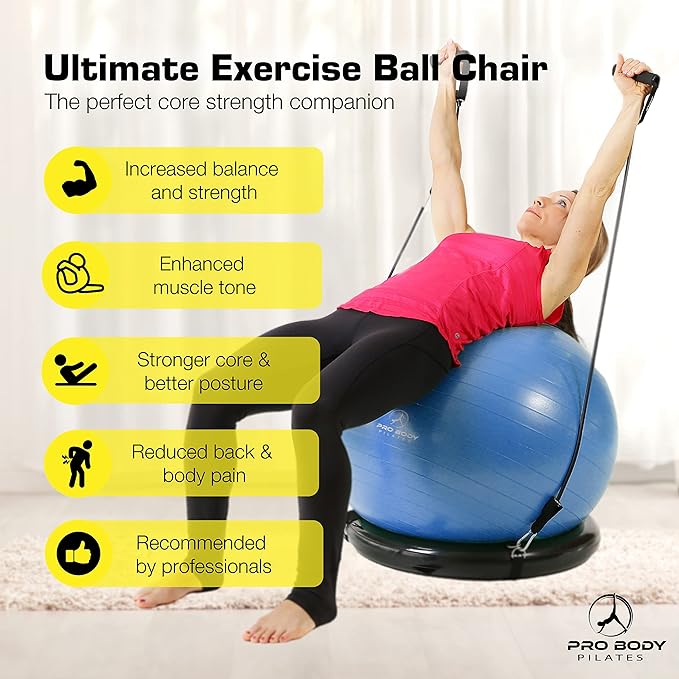 ProBody Pilates Yoga Ball Chair, Exercise Ball Chair with Base or Stand for Home Office Desk Sitting or Workout, 65cm Antiburst Balance & Stability Ball Seat, Large Gym Ball for Back, Abs