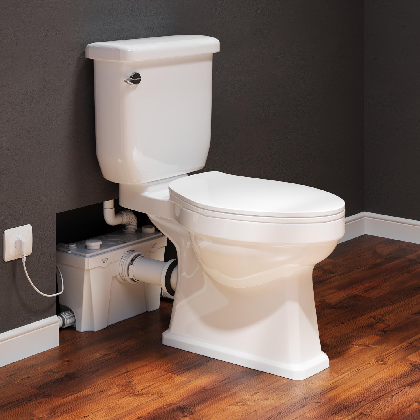 Macerating Toilet with Pump, Two-Piece Upflush Toilet For Basement, Powerful & Quiet Macerating Pump System With 4 Water Inlet, 23Ft Vertically, Elongated Bowl