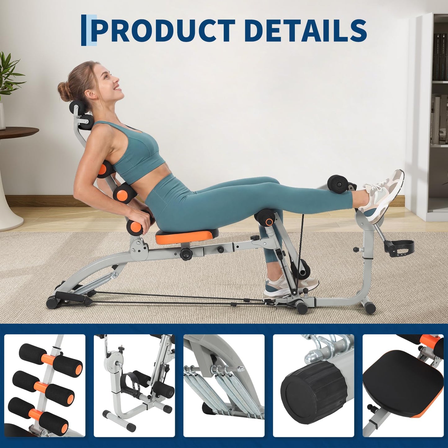 Multifunctional Ab Machine with Pedals, Adjustable Sit Up Bench, Core Workout Bench for Abdominal Training, Foldable Home Gym Fitness Equipment with Ergonomic Back Support, Full Body Exercise