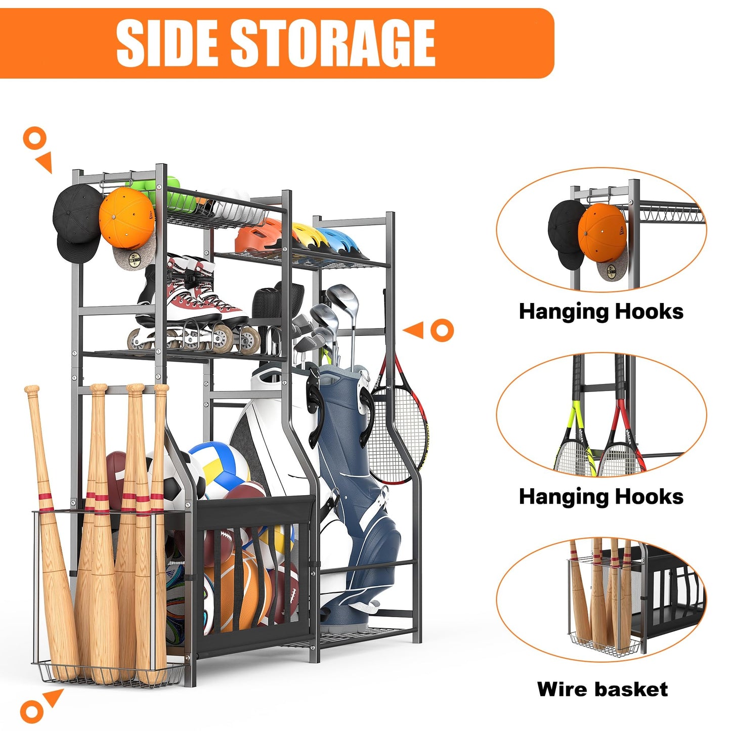 TORACK Golf Bags Stand with Ball Storage, Large Capacity Garage Sports Equipment Organizer, Indoor Toys Storage