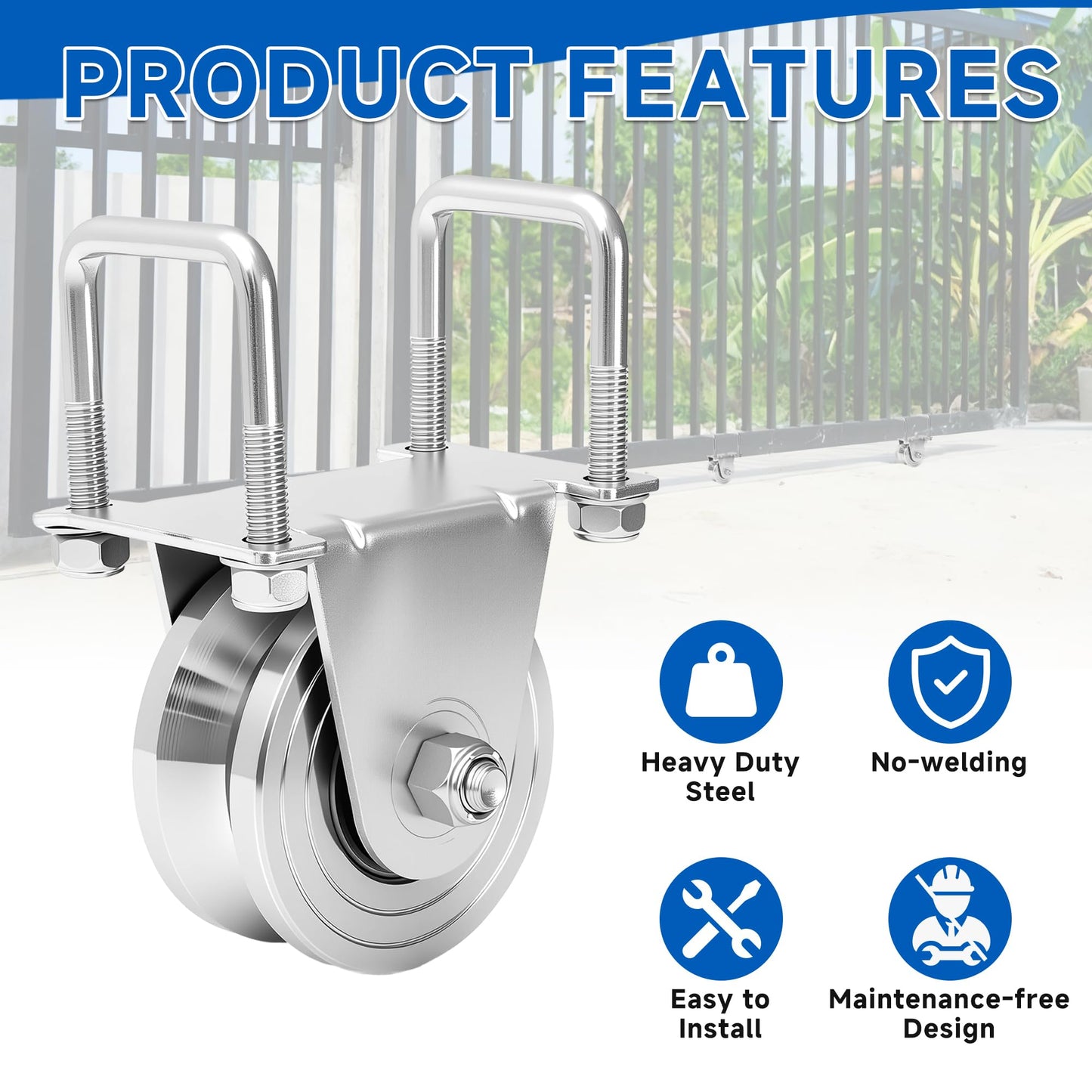 AIWFL 2 Pack 4" V-Groove Slide Rolling Gate Wheel Kit for 2" Thick Inverted Sliding Rolling Track Gates, No Welding-Heavy Duty Steel Dual Bearing Bolted External Mount Bracket,Loading 3000lbs