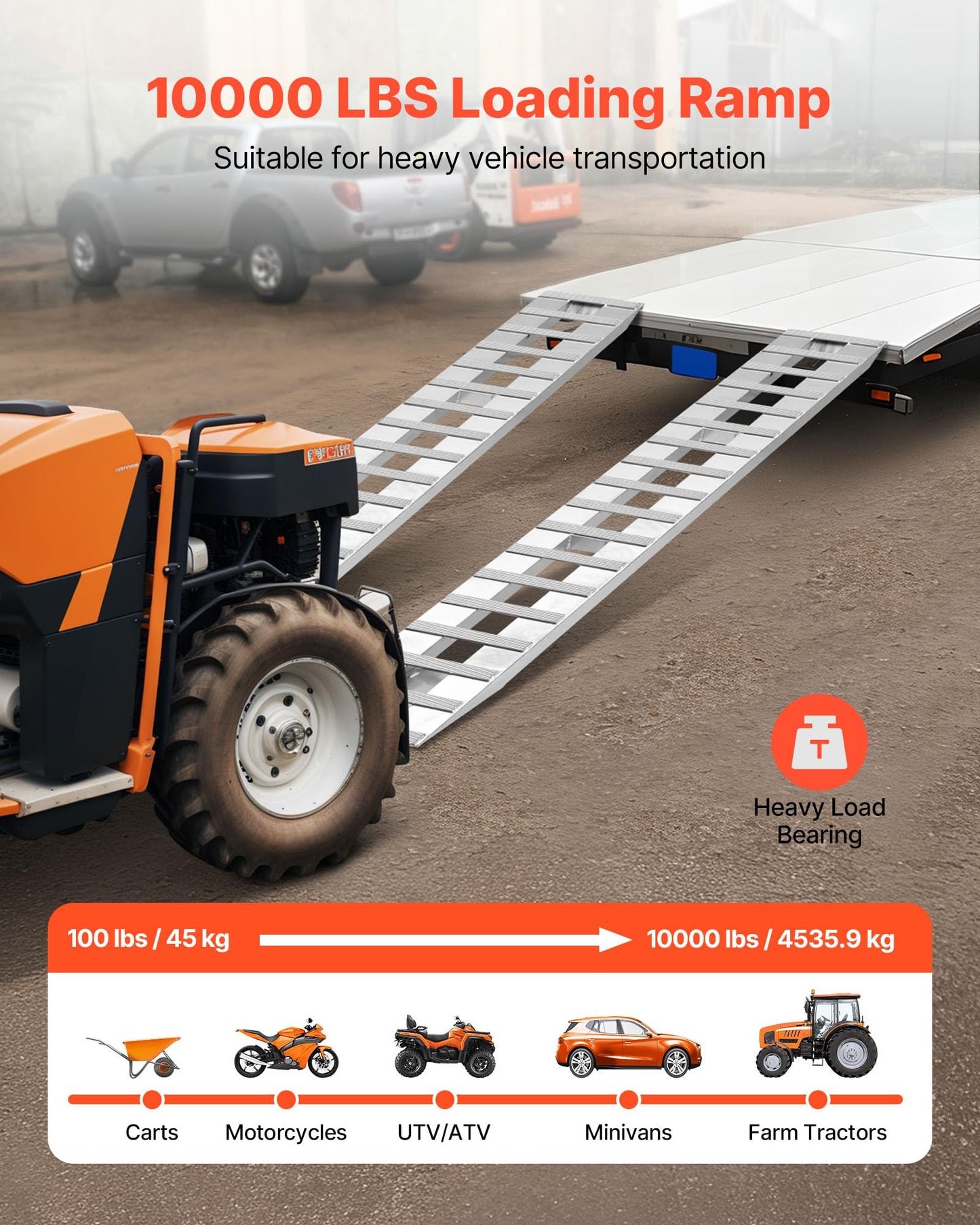 VEVOR Loading Ramps, 2 Pcs 108 x 15 in, Durable Aluminum and Heavy-Duty Trailer Ramp Set with Anti-Slip Plates, 10000 Lbs Combined Capacity, for Carts, Farm Tractors, ATVs, Lawn Mowers, Motorcycles