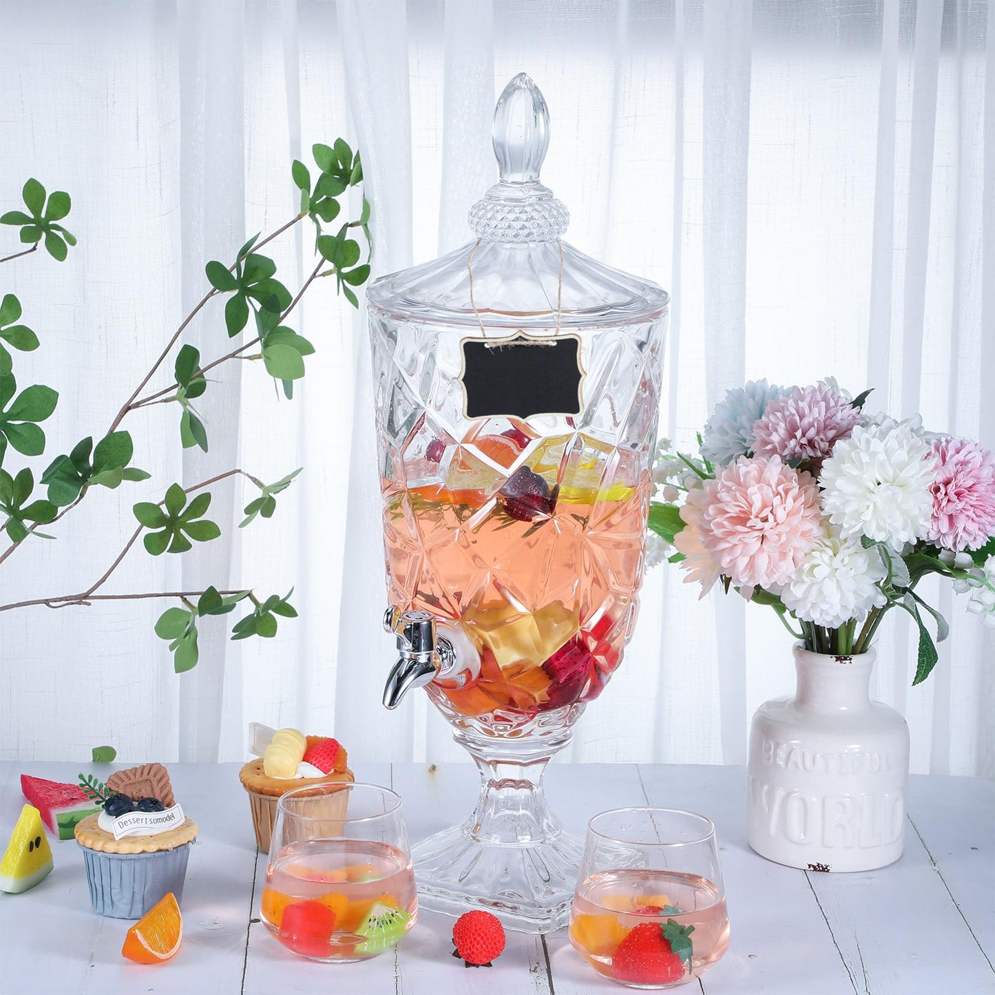 Zhehao 2 Pcs Drink Dispensers for Parties 1.3 Gallon Glass Beverage Dispenser Clear Vintage Crystal Iced Beverage Dispenser with Spigot and 2 Wooden Chalkboard Wide Mouth Beverage Server for Bar Home