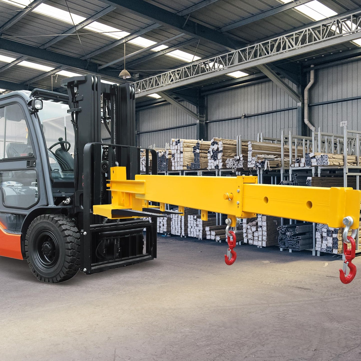 Adjustable Forklift Jib Boom Crane, Manual Telescopes 83“～149 in, Forklift Mobile Crane with Two 3 t Swivel Hooks, 6000 LBS Lift Capacity Forklift Crane for Warehouse or Factories