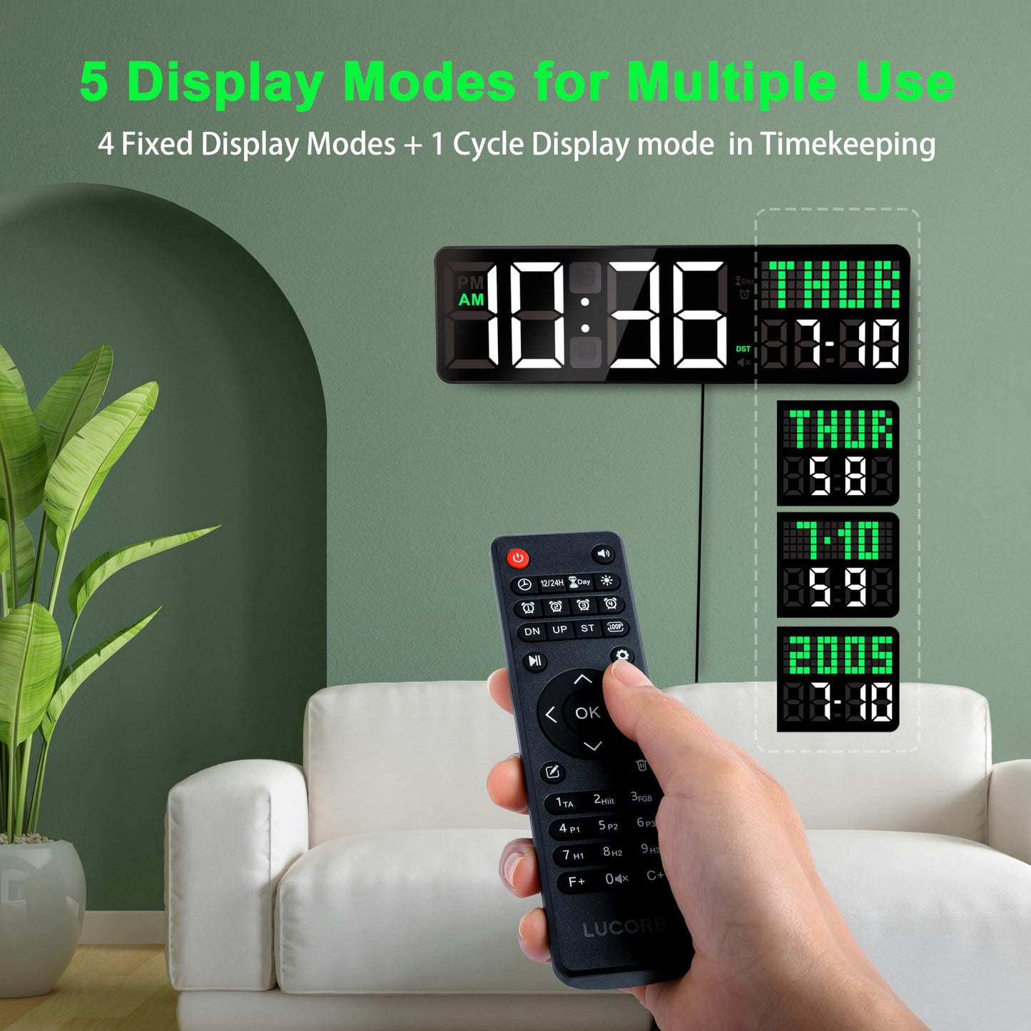 LUCORB Gym Clock with Seconds, 12" Digital Wall Timer Clock for Home Gym, Remote Interval Timer with Tabata HIIT Countdown, Voice Prompt | 5 Display Modes | 4 Training Alarms