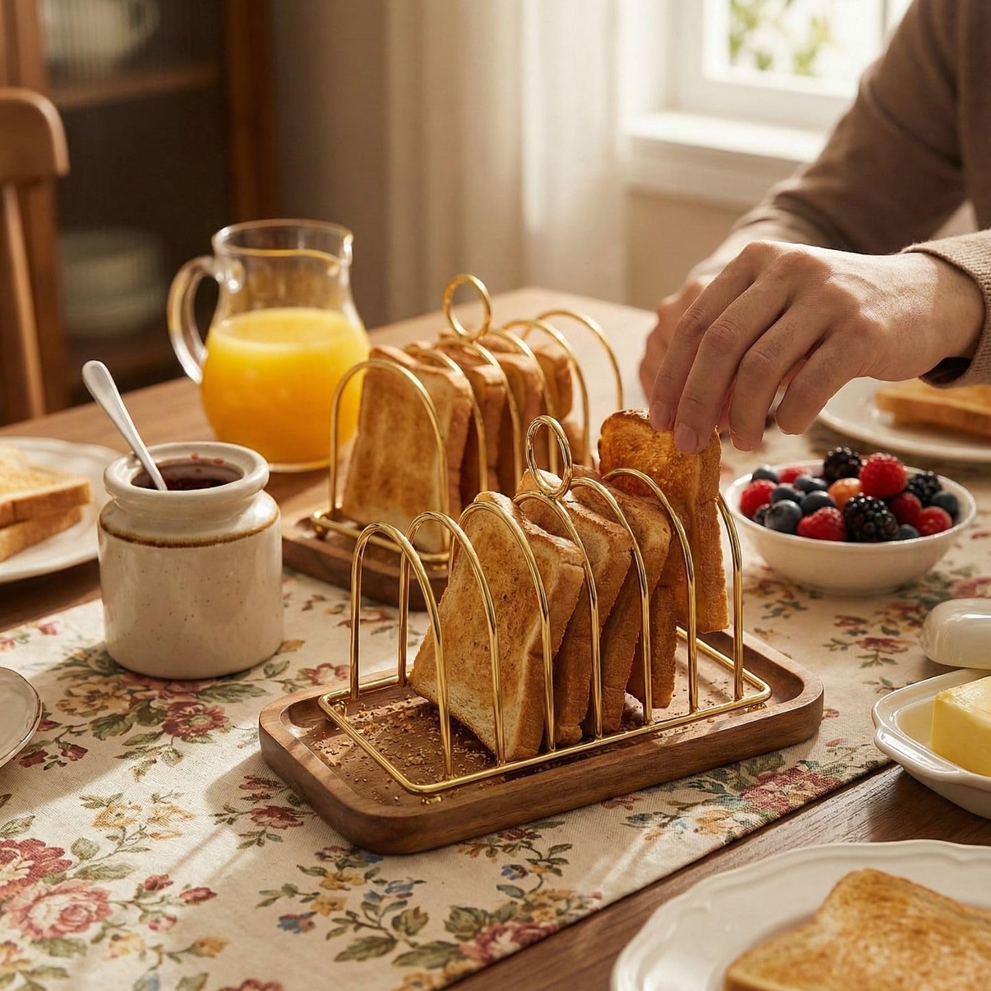 GOVNPJ Toast Rack, Set of 2 Gold 6-Slice Bread Holders, Victorian Style Stainless Steel Toast Stand with 2 Acacia Wood Trays, for Breakfast, Buffet and English Afternoon Tea