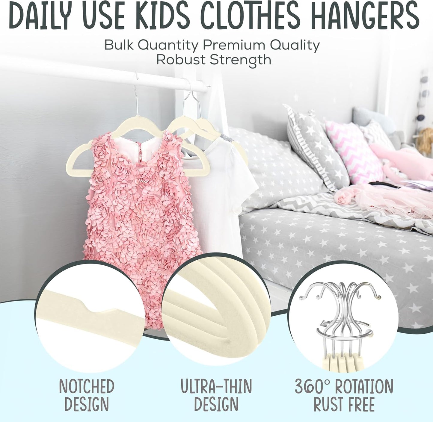 TechZoo 50 Premium Kids Velvet Hangers - Non-Slip, Ultra Slim & Durable - 14" Ivory Hangers with 360° Swivel Hook
