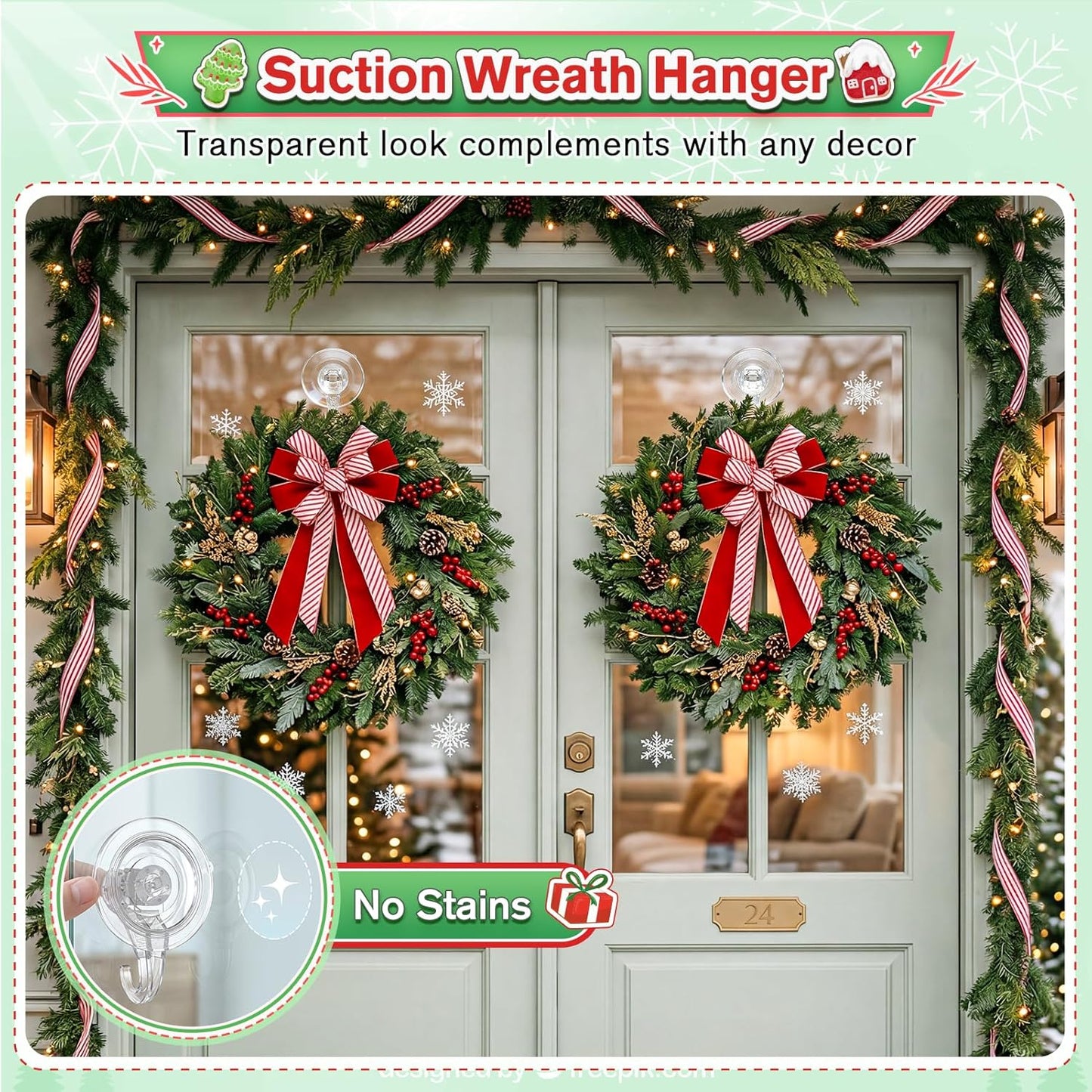 VIS'V Wreath Hanger - Heavy Duty Suction Cup Hooks | 22 LB Capacity, Clear, 2 Pack, Removable & Reusable