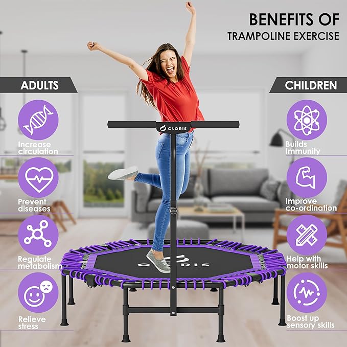 CLORIS 38in/48in Folding Trampoline - Max Load 220lbs / 450lbs Trampoline Rebounder Trampoline for Adults with Adjustable Foam Handle, with safty Padded Cover Best Gift