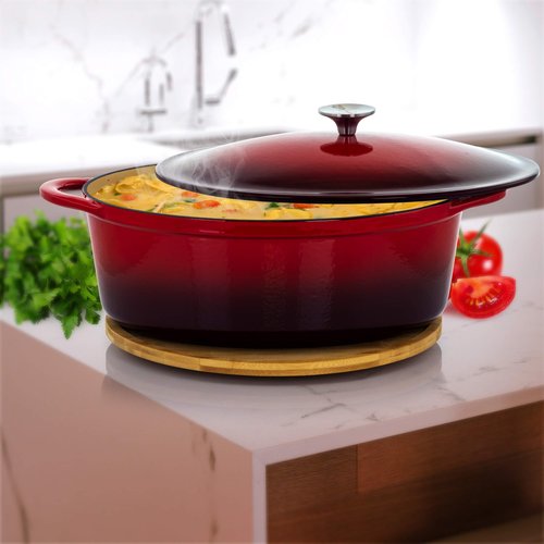 MegaChef Oval Enamel Cast Iron Casserole, 7 Quart, Red