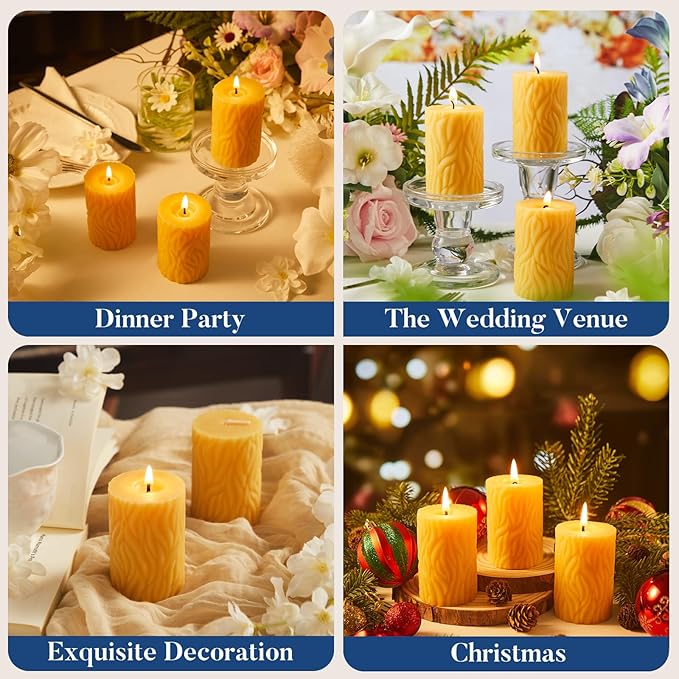 Crenovo Natural Beeswax Pillar Candles 3 Pack, 100% Pure Beeswax Candles Bulk with 84 Hours Burn Time, Organic Bees Wax Candles for Home, Party, Prayer, Non-Toxic Dripless Smokeless 2x3 Inch
