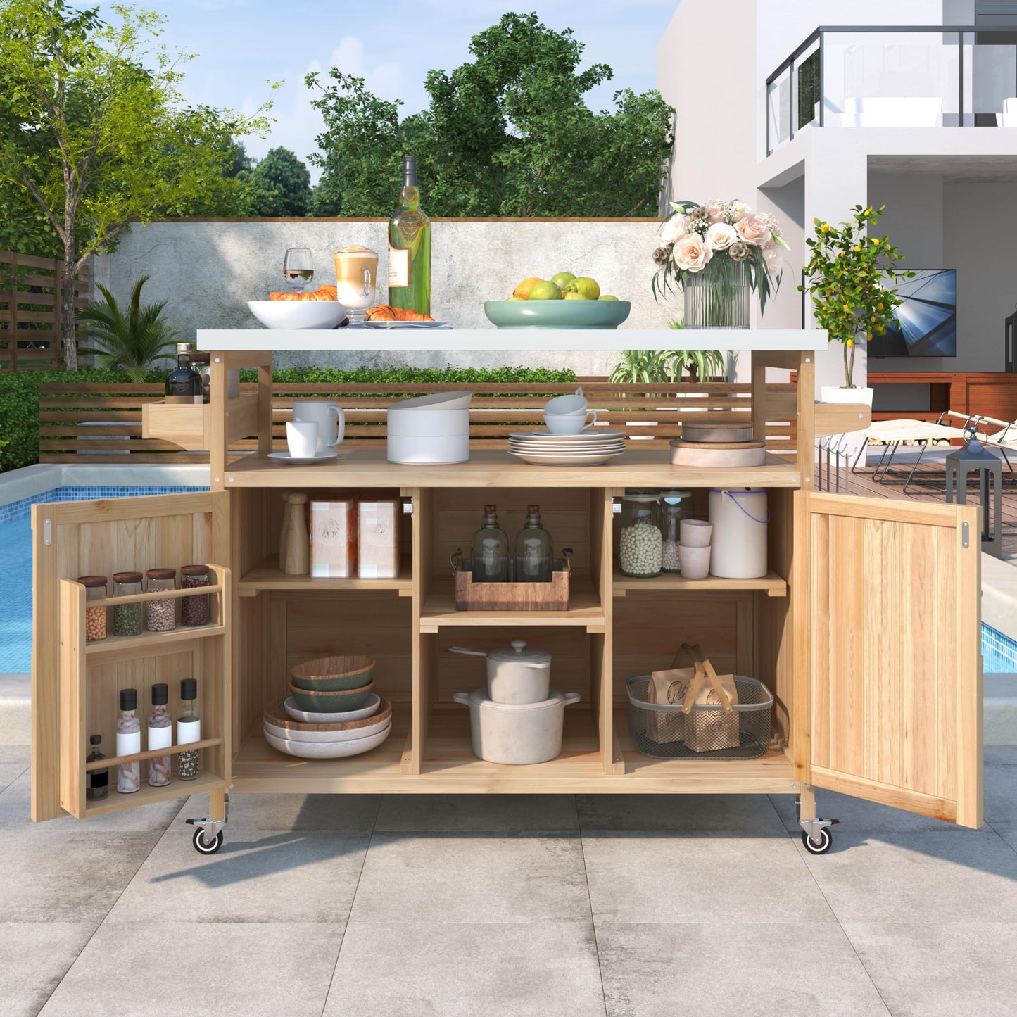 Merax 50" Outdoor Kitchen Grill Cart Island on Wheels with Stainless Steel Top,Farmhouse Style Solid Wood Frame Storage Cabinet for Patio