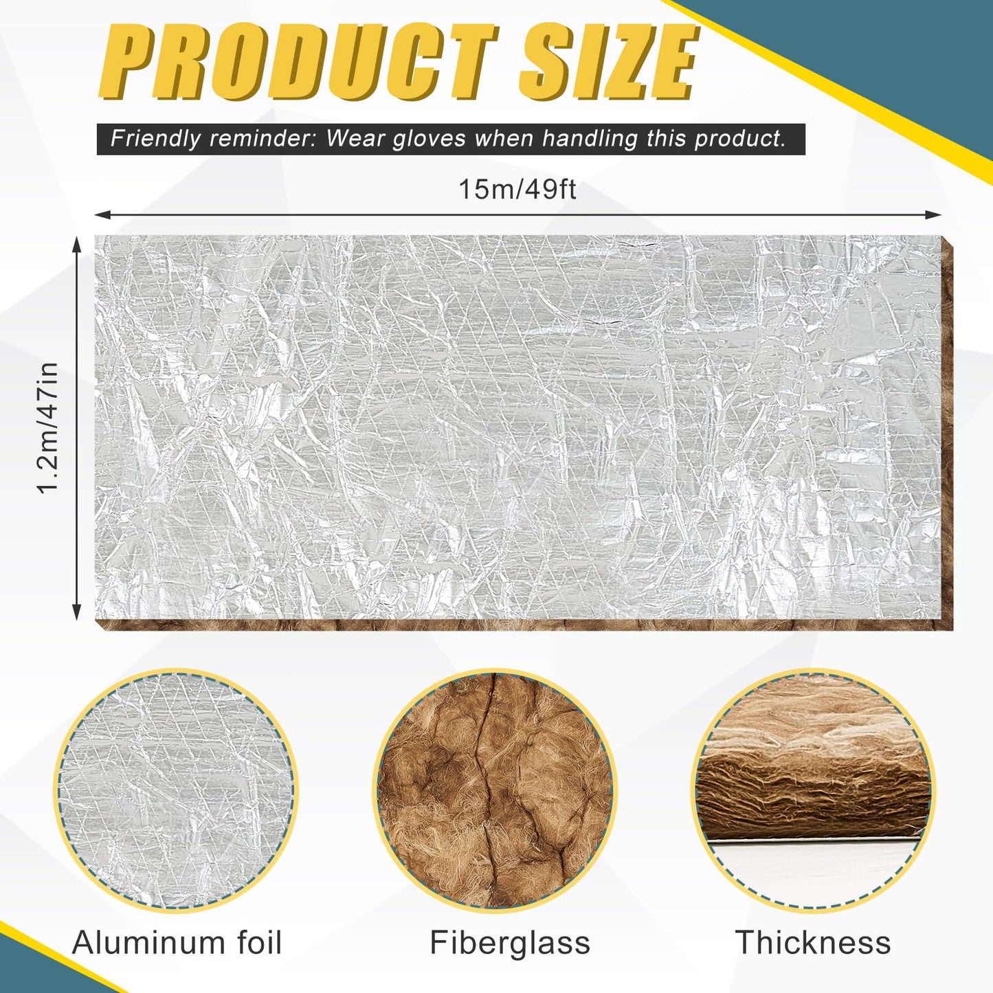 R6 Fiberglass Duct Insulation Wrap 200 sq, 48" x 50 ft Foil Faced Roll Thick Heat & Sound Insulation for HVAC Ducts, Attics, Garages & DIY Repairs