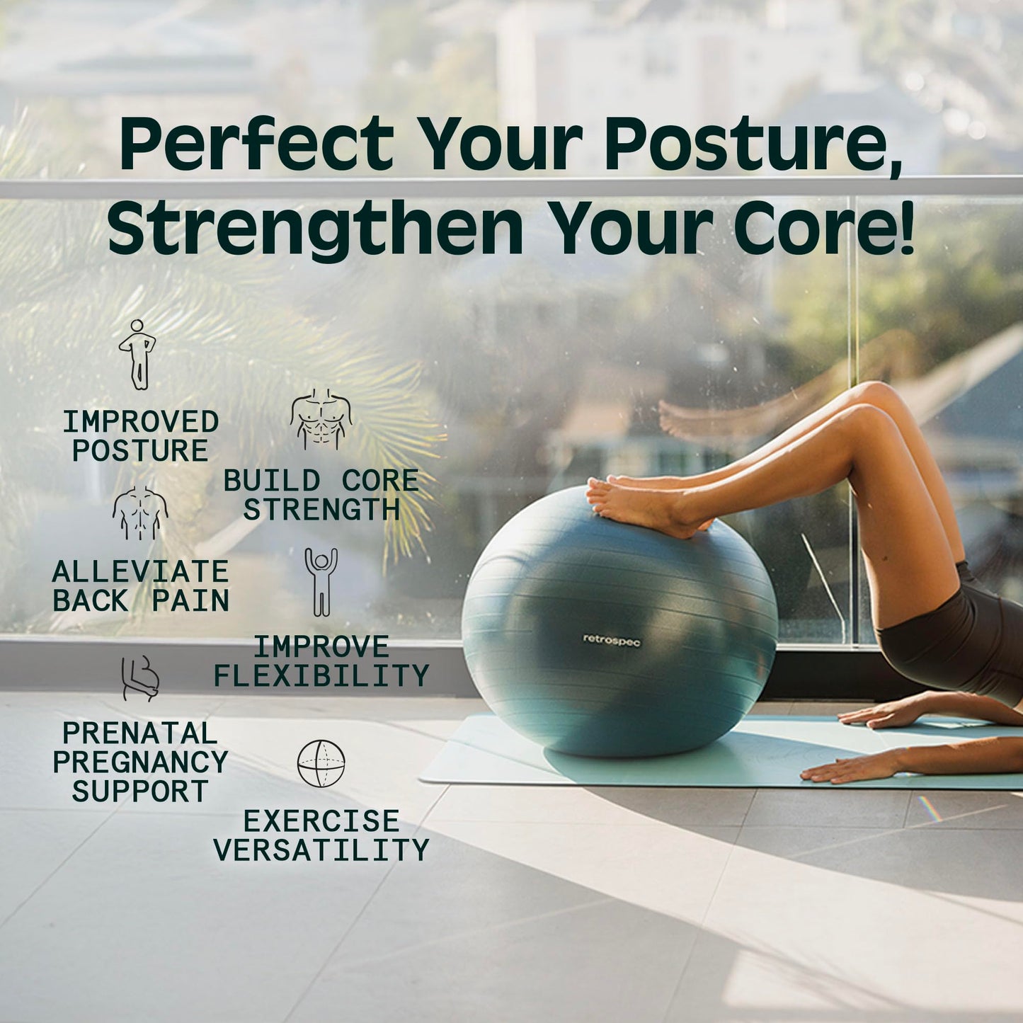 Retrospec Luna Exercise Ball, Base & Pump / Ball & Pump with Anti-Burst Material - Fitness Gym Swiss Ball - Perfect for Balance, Stability, Yoga, Pilates, Pregnancy & Birthing