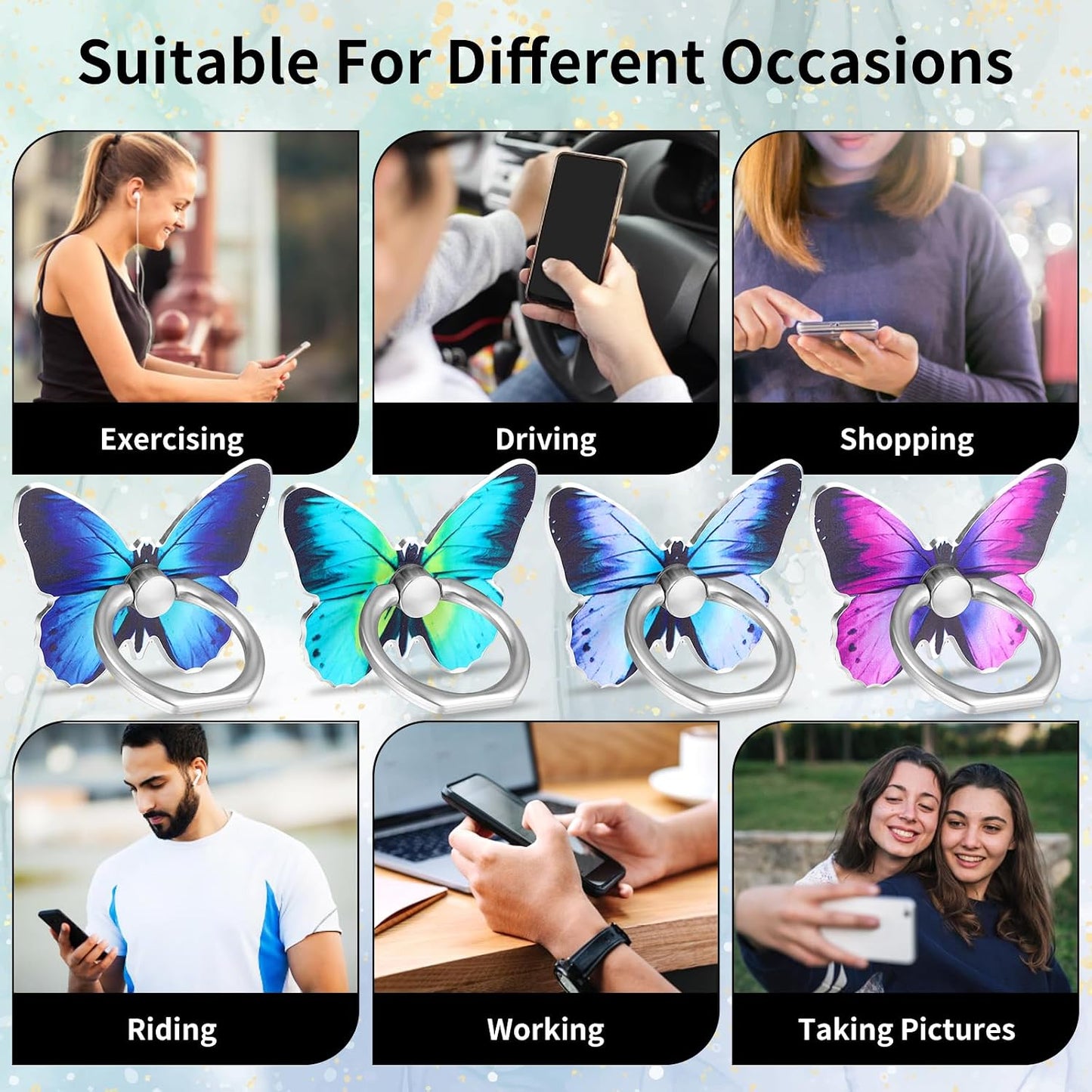 Bremorou 4Pcs 360 Butterfly Cell Phone Ring Stand Holder Cute Metal Butterfly Shaped Cellphone Grip Rotating Metal Hand