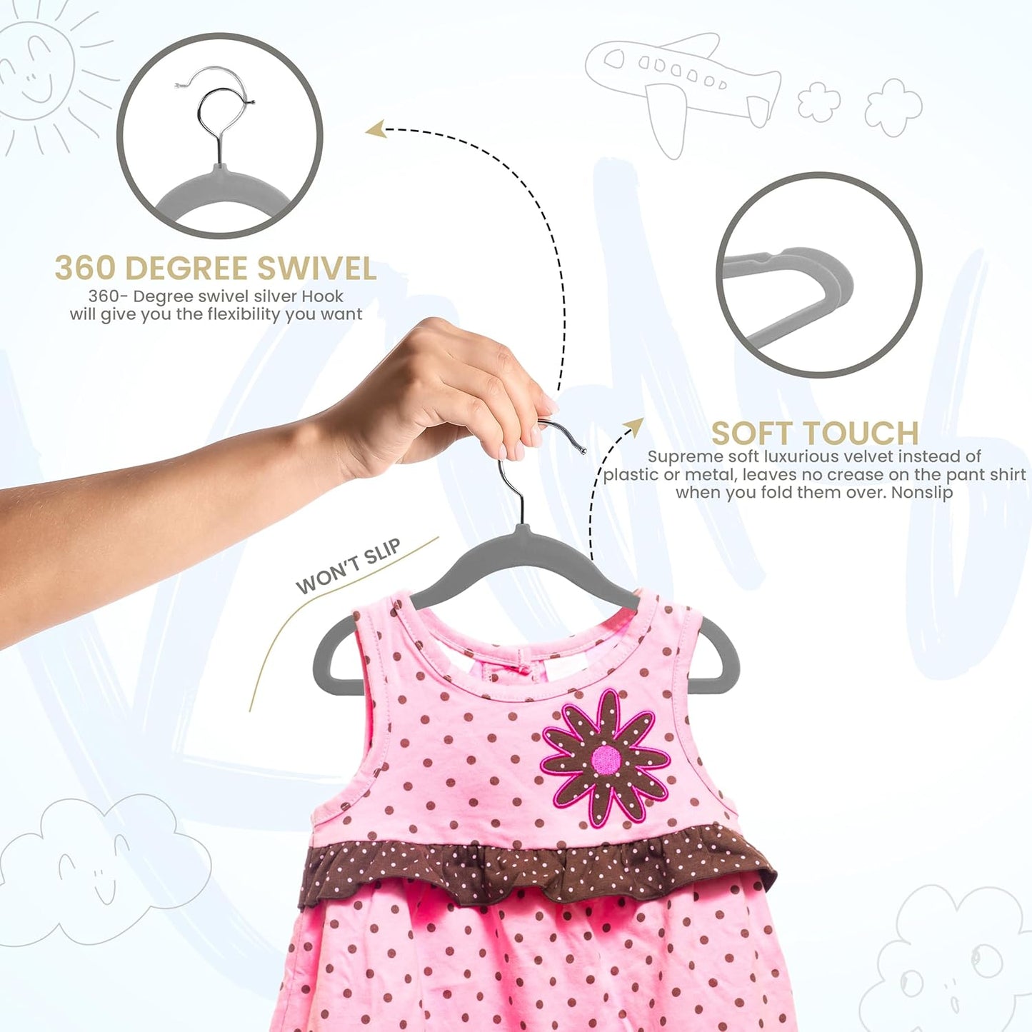 Utopia Home Velvet Hangers - 50 Pack Non-Slip 11 Inch Baby & Toddler Closet Organizers | Durable Grey