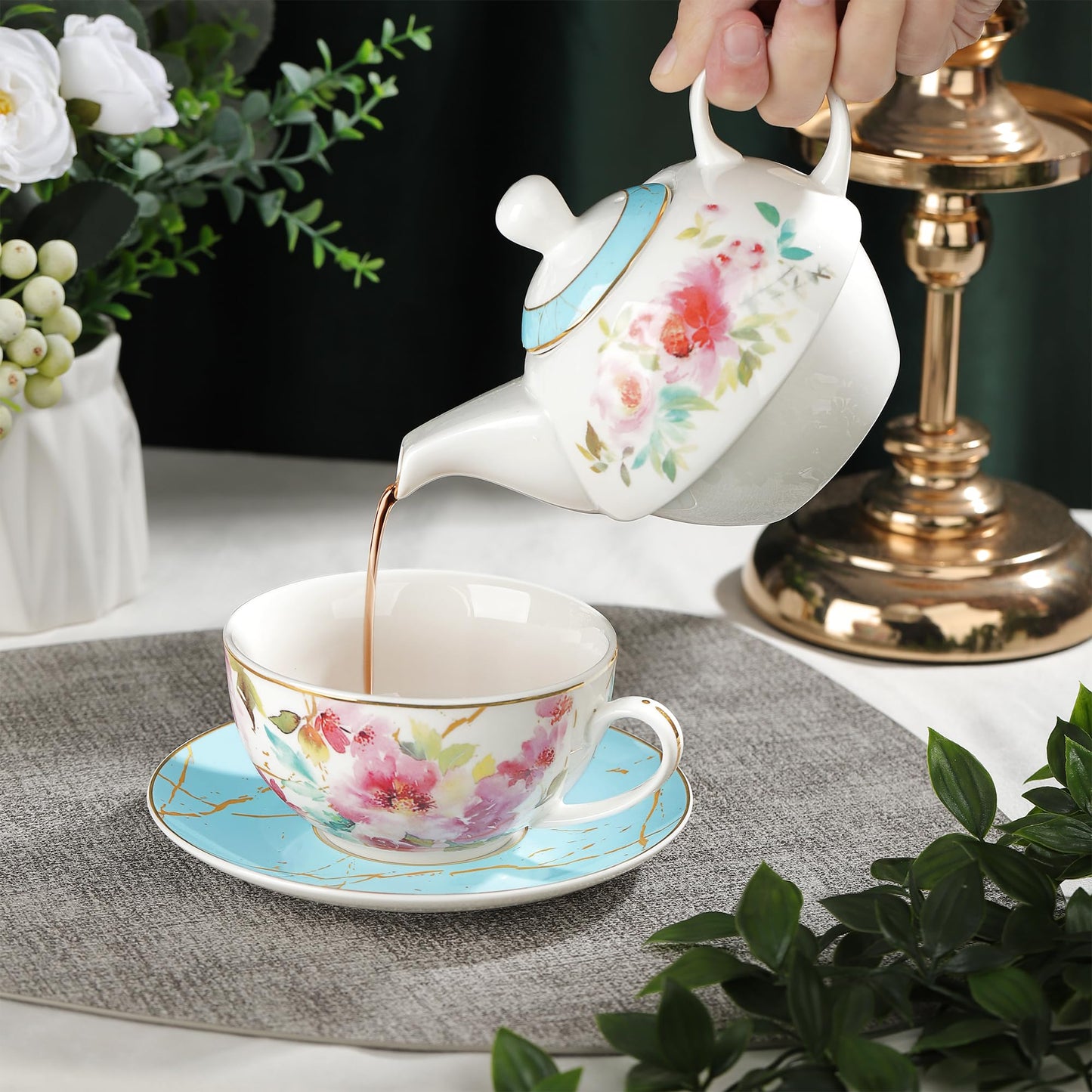 fanquare Pink Floral Teapot, Tea Cup and Saucer Set with Gold Trim, Porcelain Tea for One Tea Set for Gift, Blue